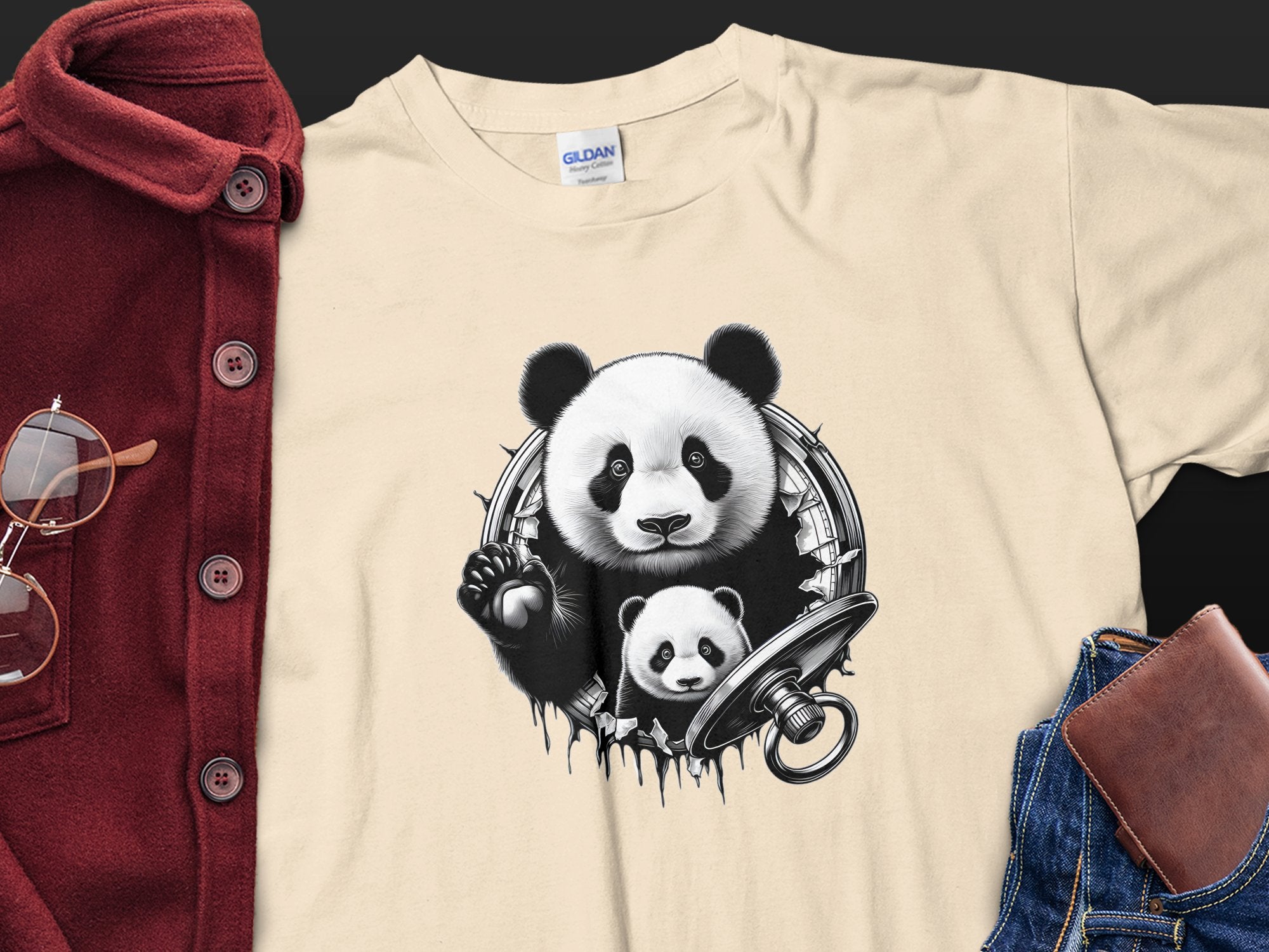 Panda - Coloured Gildan T-Shirt Realistic Animal Talisman Unisex Cute Tee Graphic Design