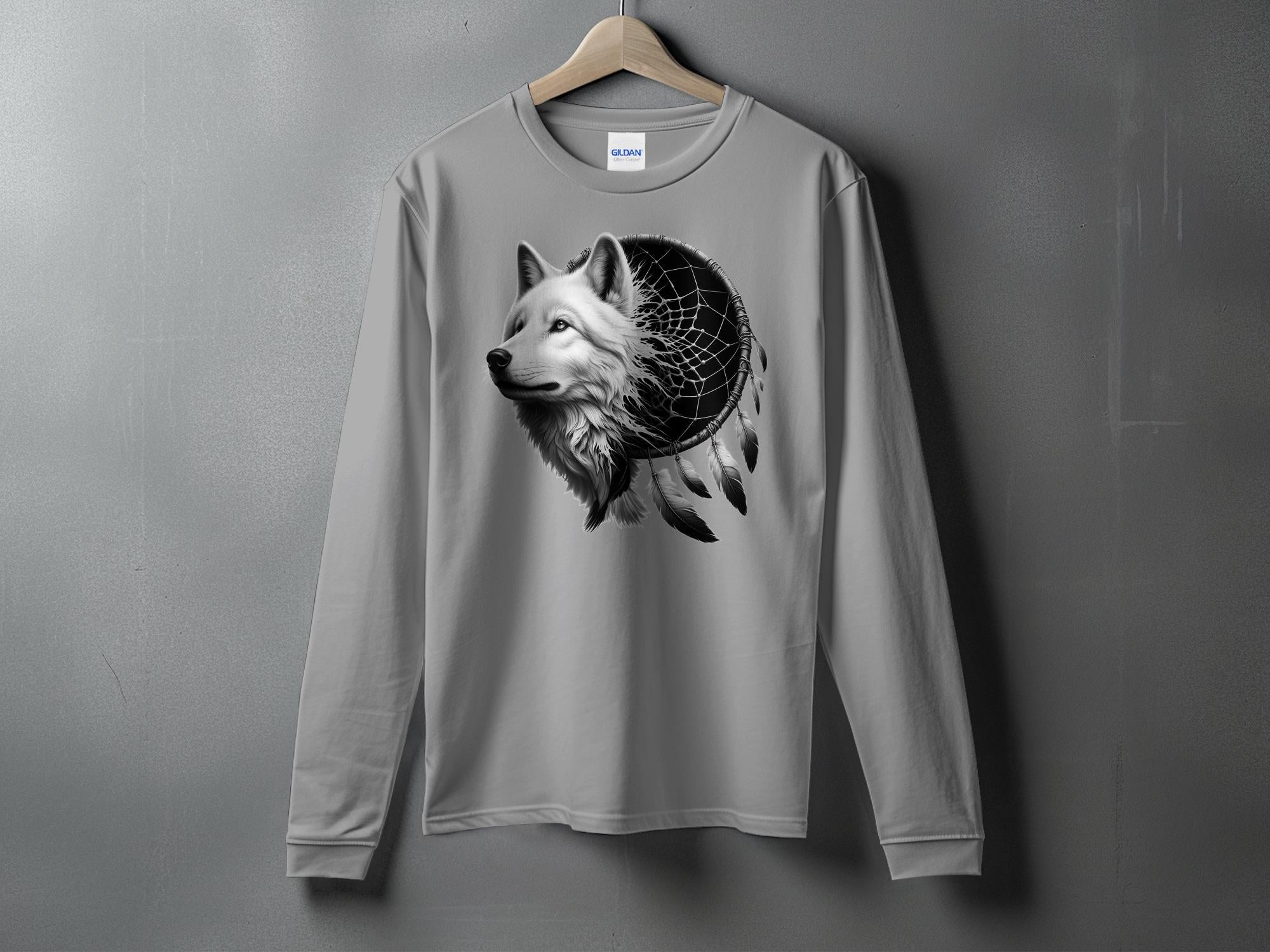 Dreamcatcher Wolf - Coloured Gildan Long Sleeve Realistic Native American Talisman Unisex Mythology Tee Graphic Design