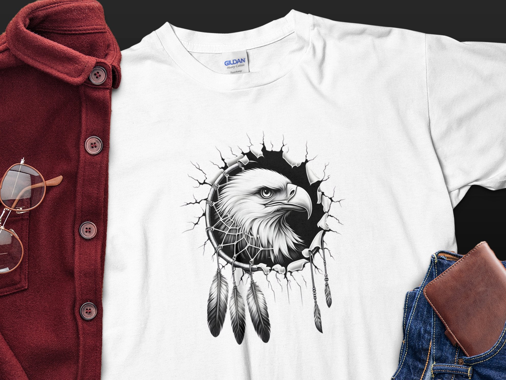 Dreamcatcher Eagle - Coloured Gildan T-Shirt Realistic Native American Talisman Unisex Mythology Tee Graphic Design