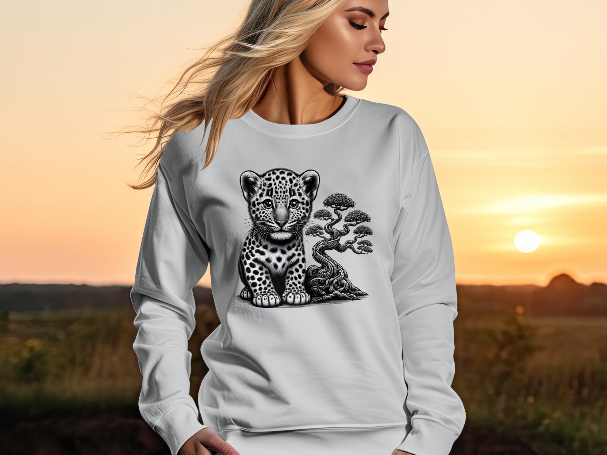 Leopard Bonsai - Coloured Gildan Sweatshirt Realistic Animal Talisman Unisex Cute Tee Graphic Design