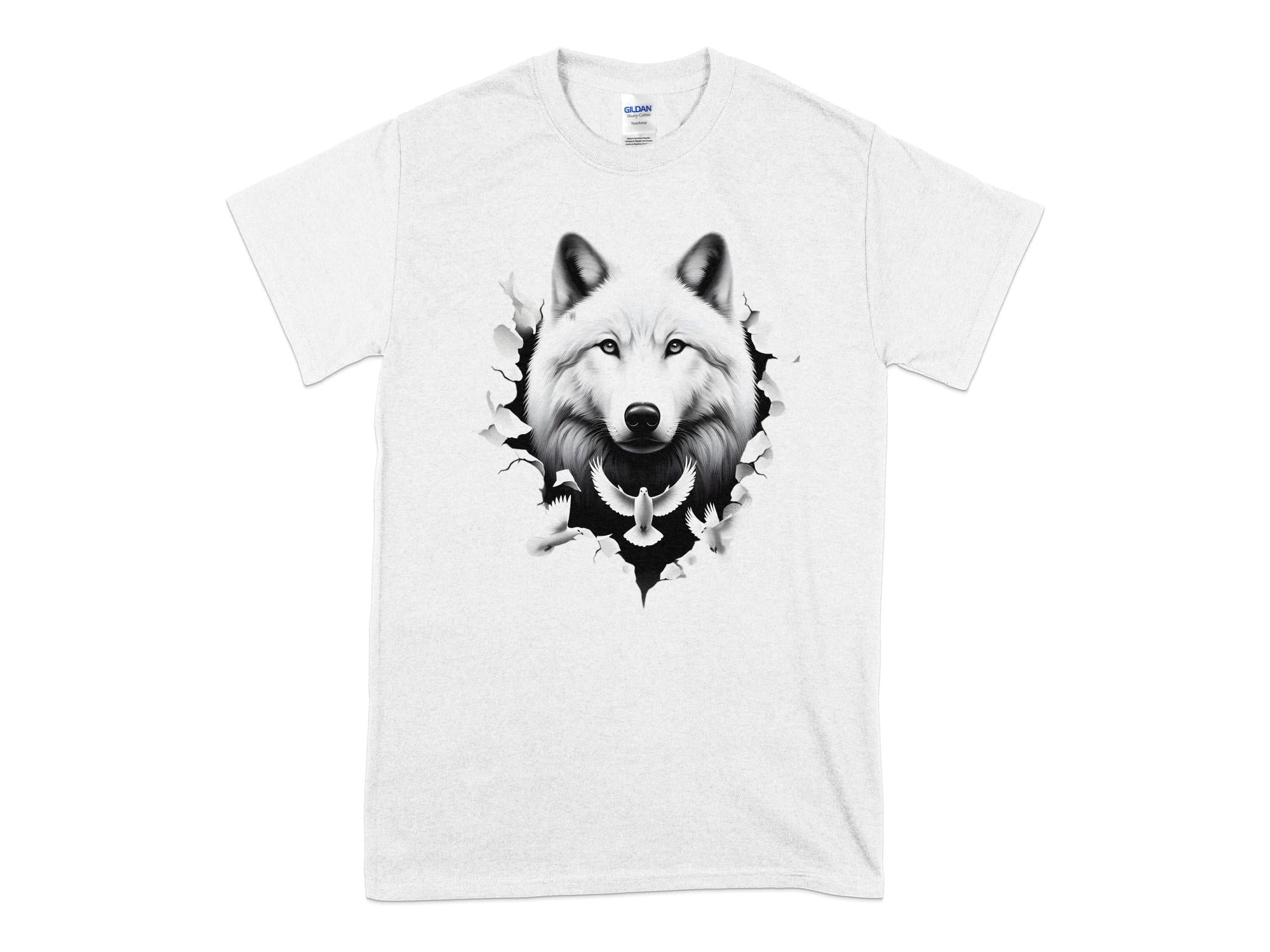 Wolf x Doves - Black White Gildan T-Shirt Realistic Animal Talisman Unisex Tee Graphic Design