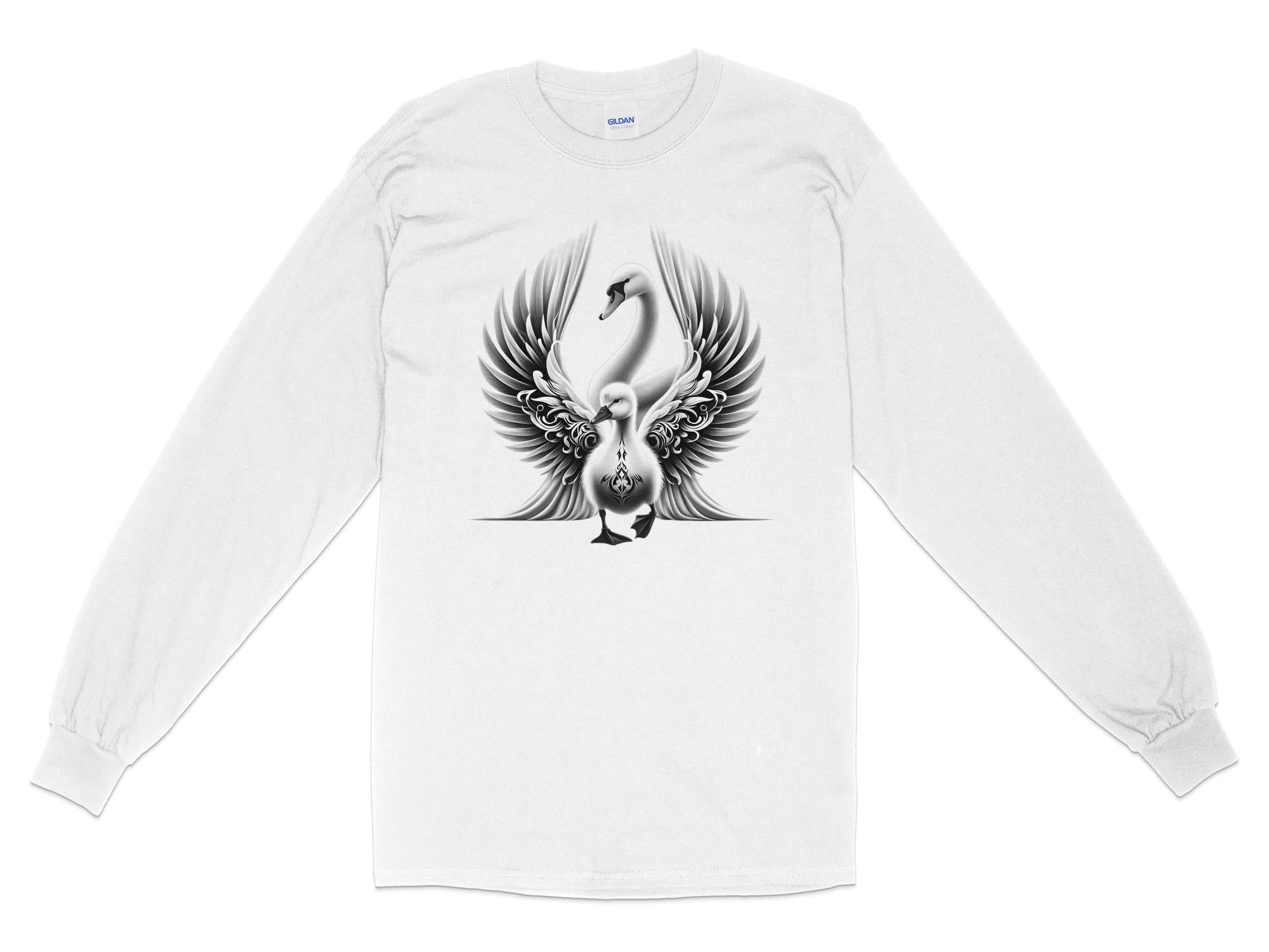 Swan & Cygnet- Black White Gildan Long Sleeve Realistic Family Talisman Unisex Tee Graphic Design