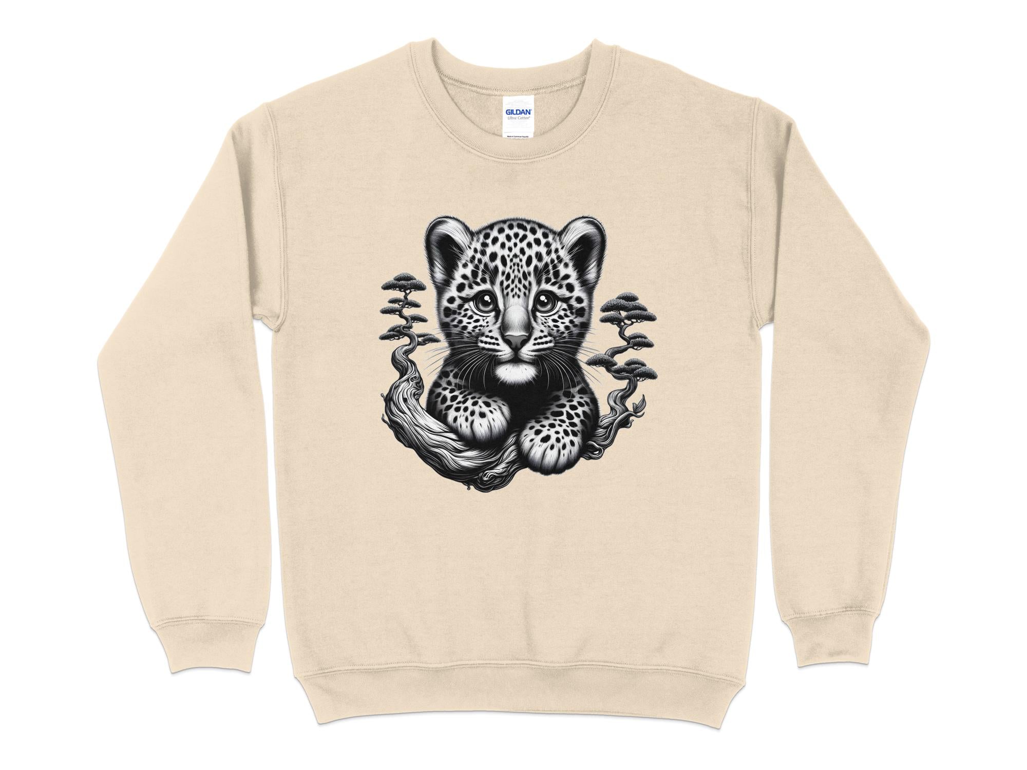 Leopard Bonsai - Coloured Gildan Sweatshirt Realistic Animal Talisman Unisex Cute Tee Graphic Design