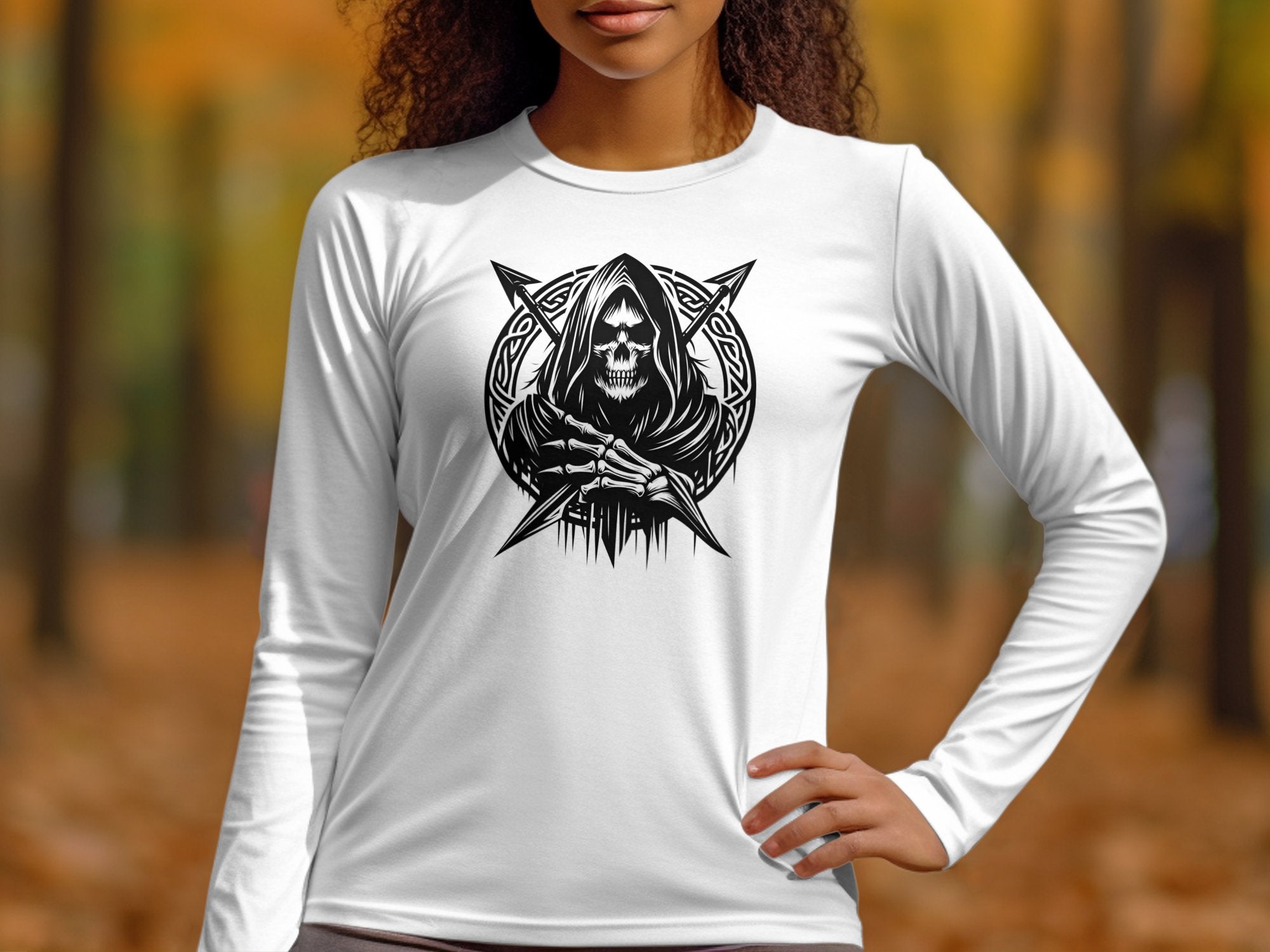 Grim Reaper - Black White Gildan Long Sleeve Commemorative Talisman Unisex Tee Graphic Design