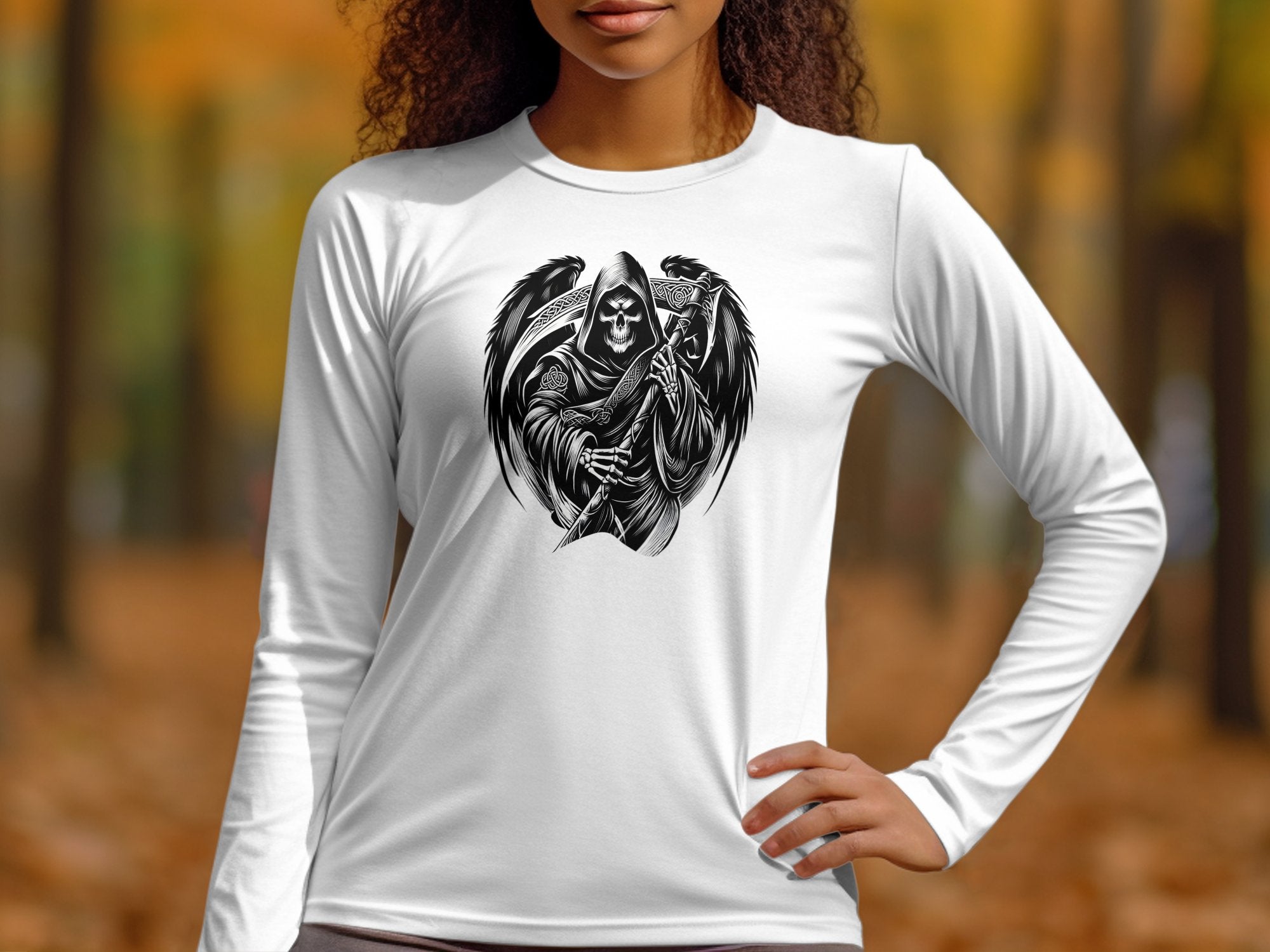 Grim Reaper - Black White Gildan Long Sleeve Commemorative Talisman Unisex Tee Graphic Design