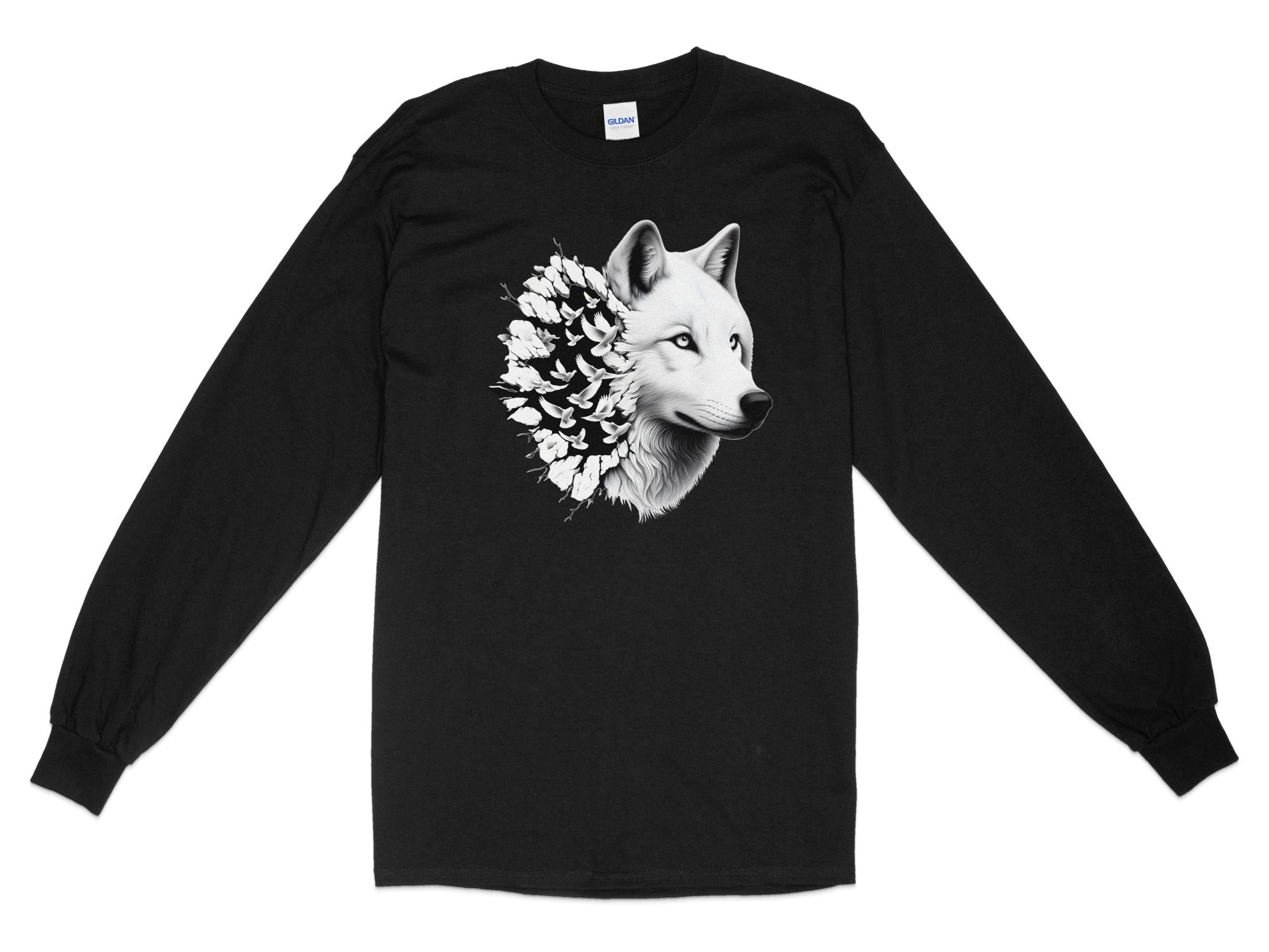 Wolf x Doves - Black White Gildan Long Sleeve Realistic Animal Talisman Unisex Tee Graphic Design