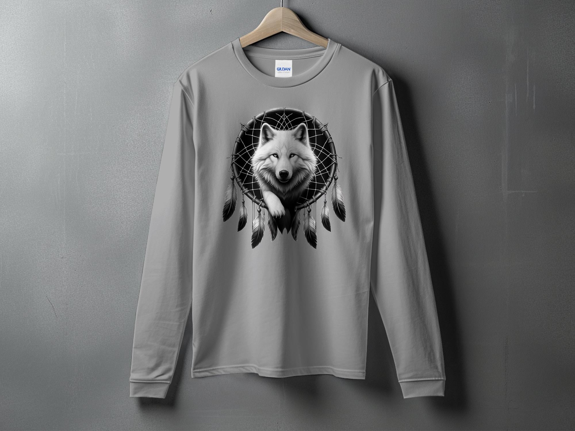 Dreamcatcher Wolf - Coloured Gildan Long Sleeve Realistic Native American Talisman Unisex Mythology Tee Graphic Design