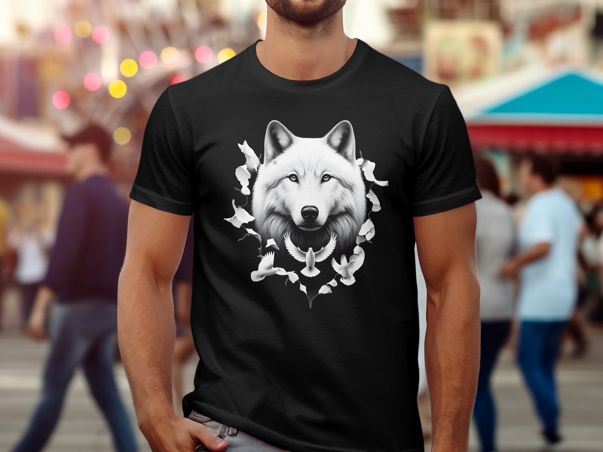 Wolf x Doves - Black White Gildan T-Shirt Realistic Animal Talisman Unisex Tee Graphic Design