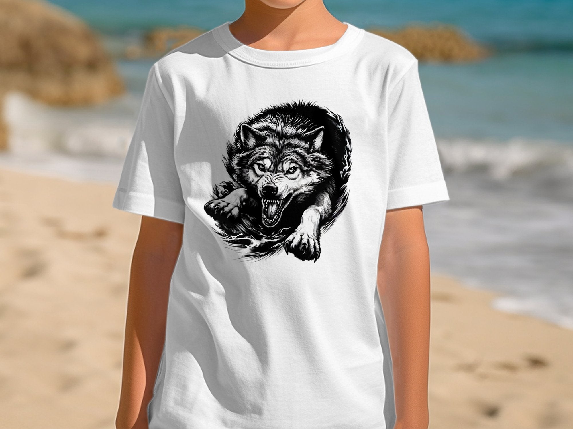 Wolf Tribal - Black White Gildan Kids T-Shirt Realistic Animal Talisman Unisex Tee Graphic Design