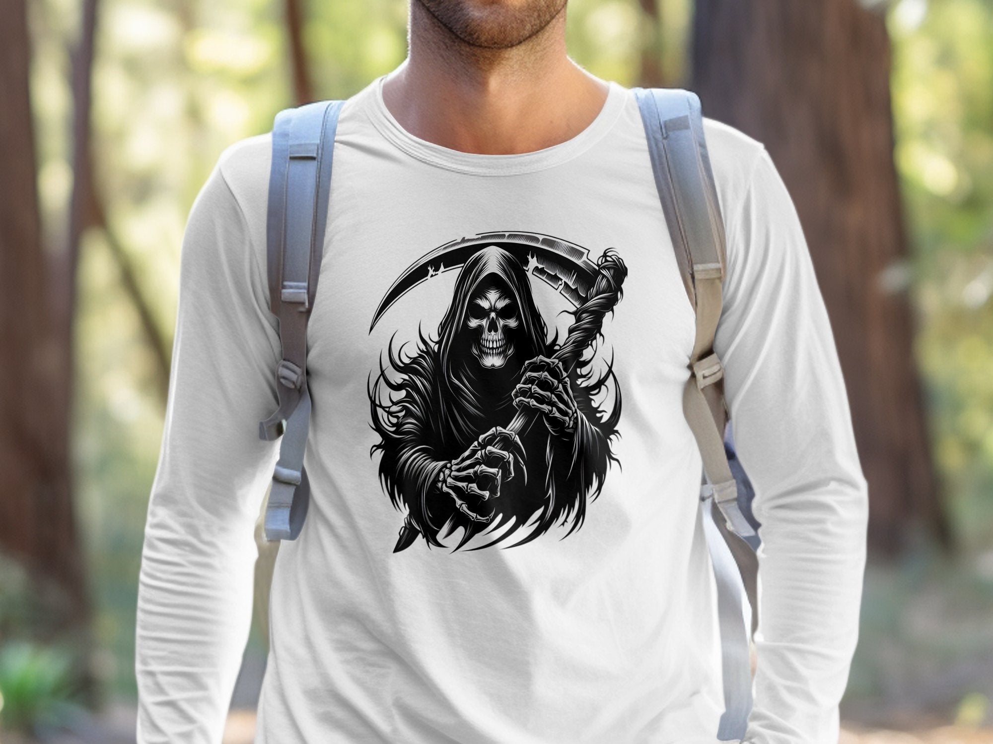 Grim Reaper - Black White Gildan Long Sleeve Commemorative Talisman Unisex Tee Graphic Design