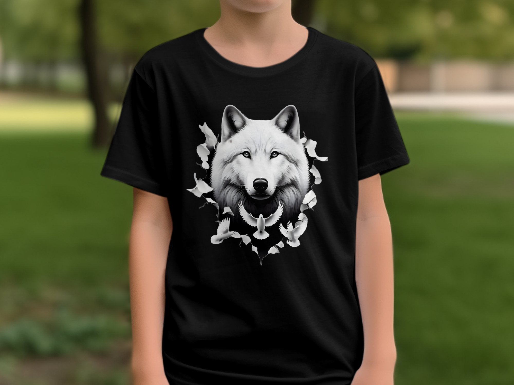 Wolf x Doves - Black White Gildan Kids T-Shirt Realistic Animal Talisman Unisex Tee Graphic Design