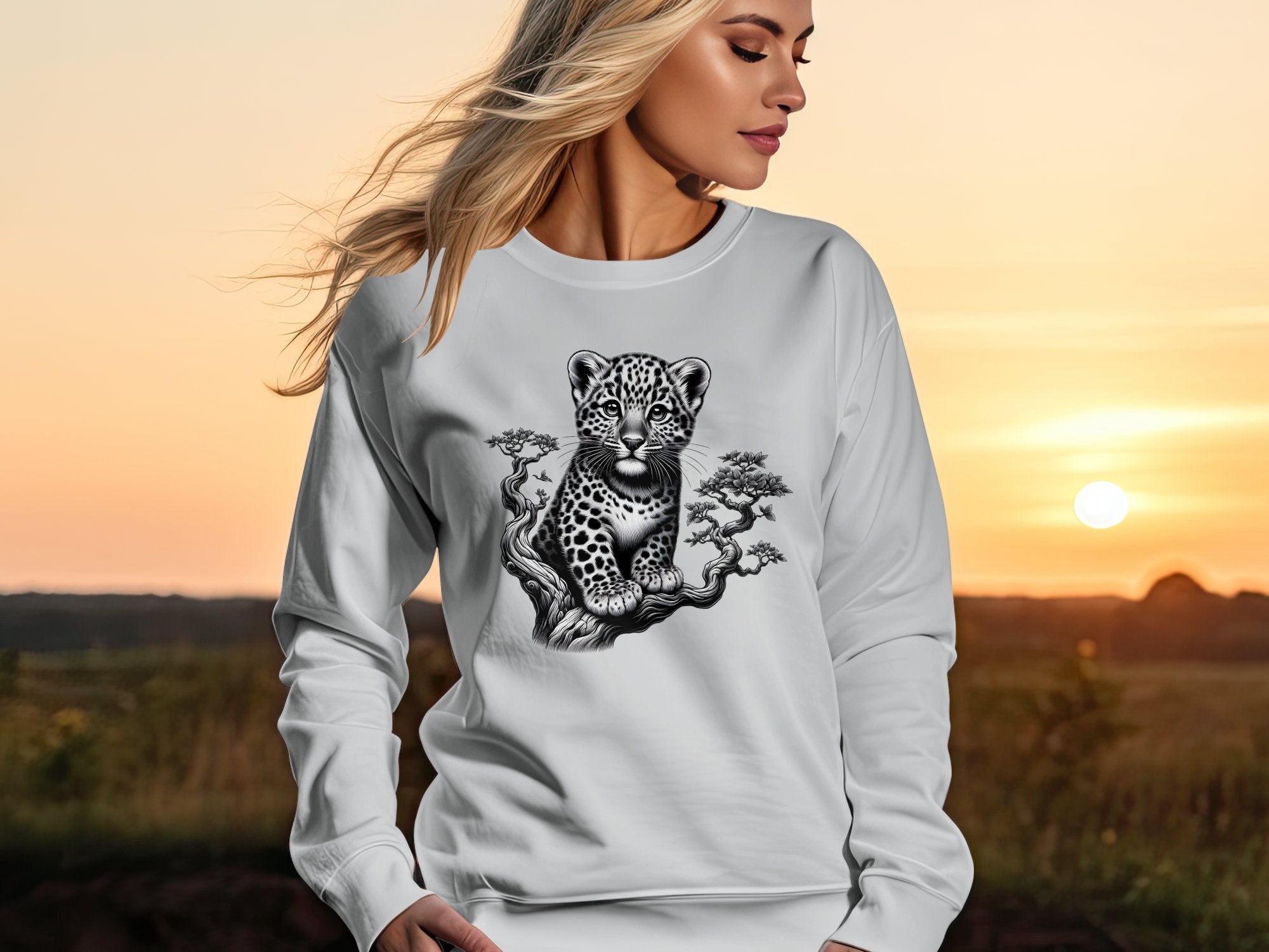 Leopard Bonsai - Coloured Gildan Sweatshirt Realistic Animal Talisman Unisex Cute Tee Graphic Design