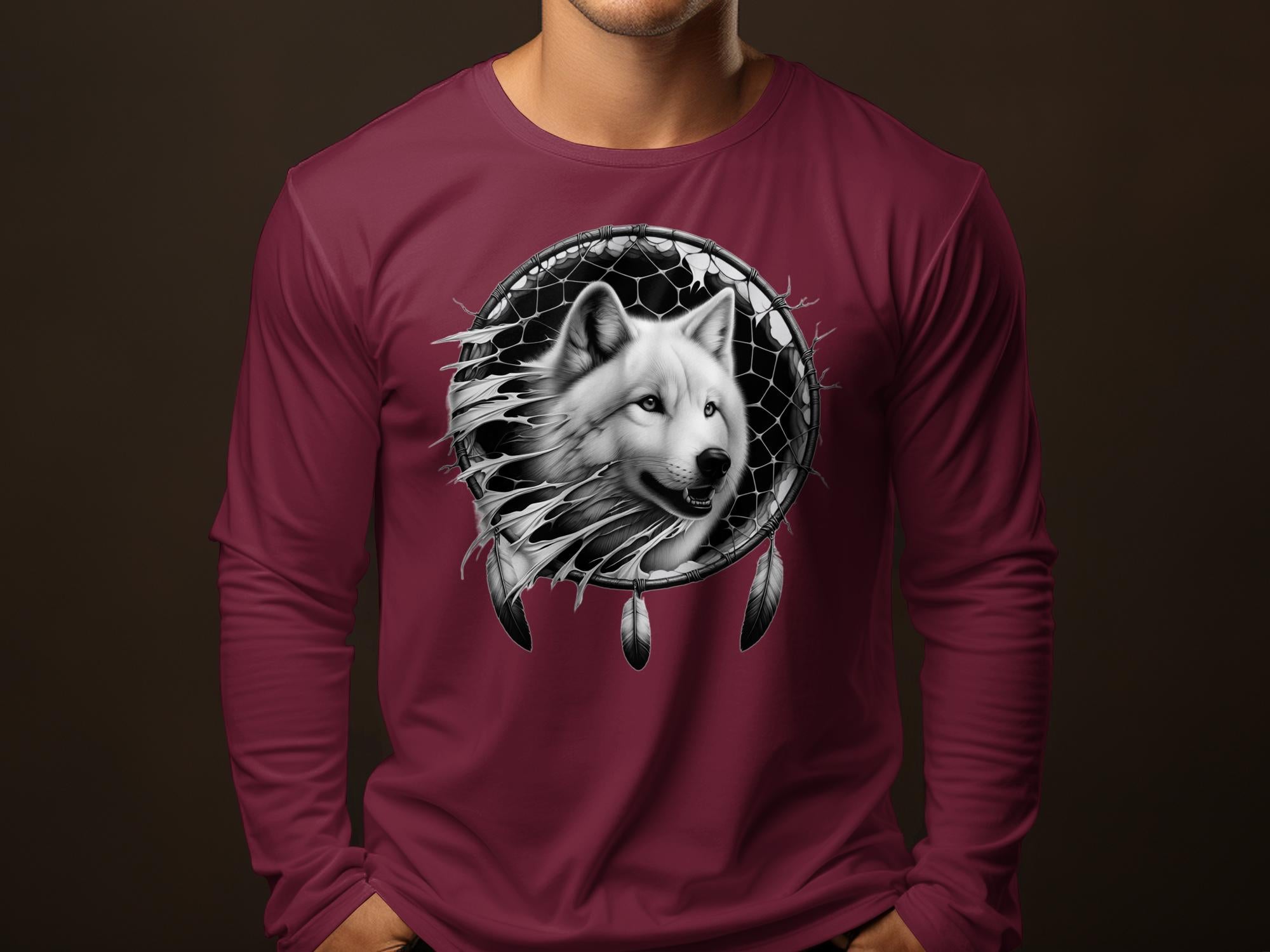 Dreamcatcher Wolf - Coloured Gildan Long Sleeve Realistic Native American Talisman Unisex Mythology Tee Graphic Design