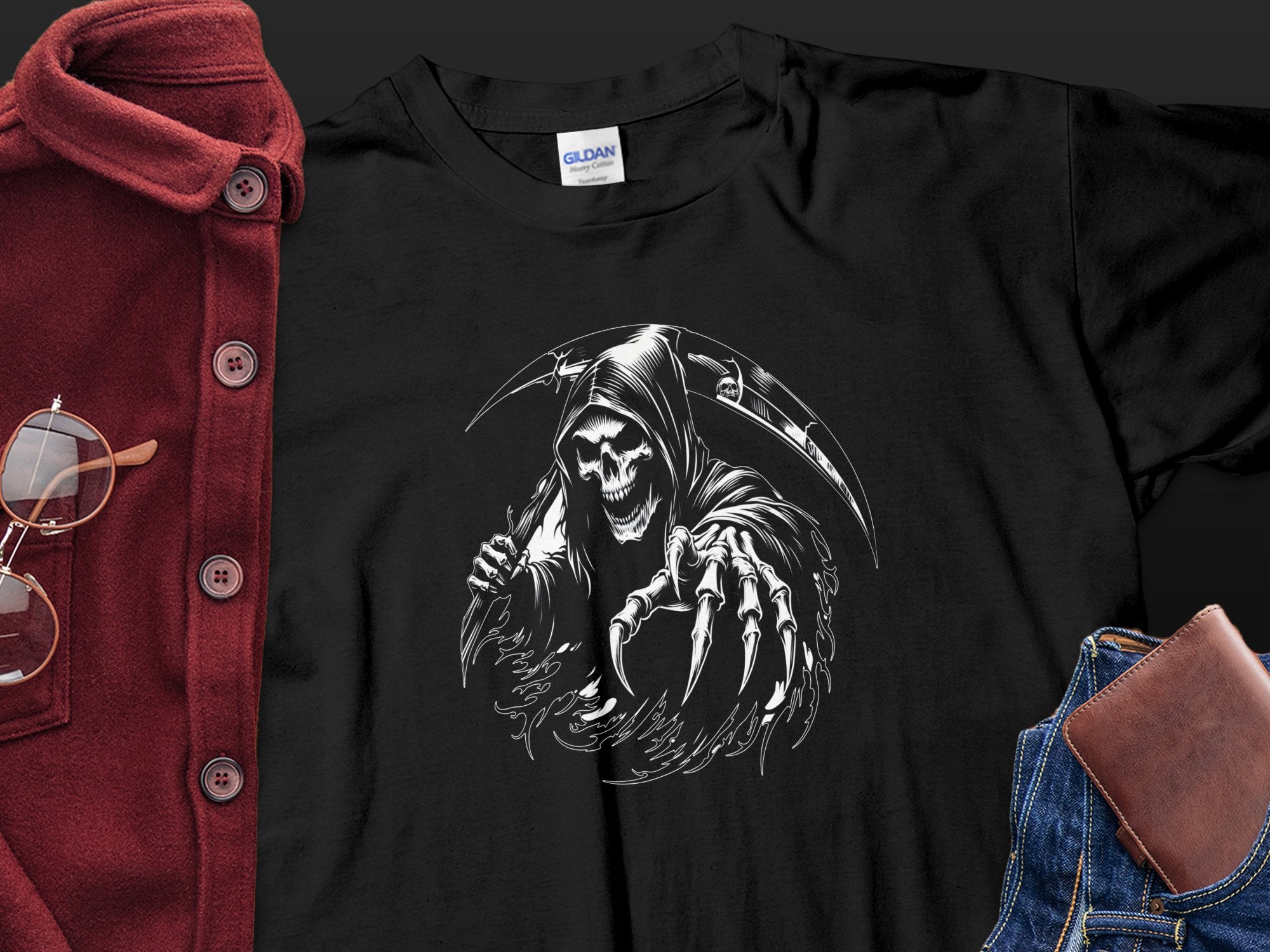 Grim Reaper - Black White Gildan T-Shirt Commemorative Talisman Unisex Tee Graphic Design