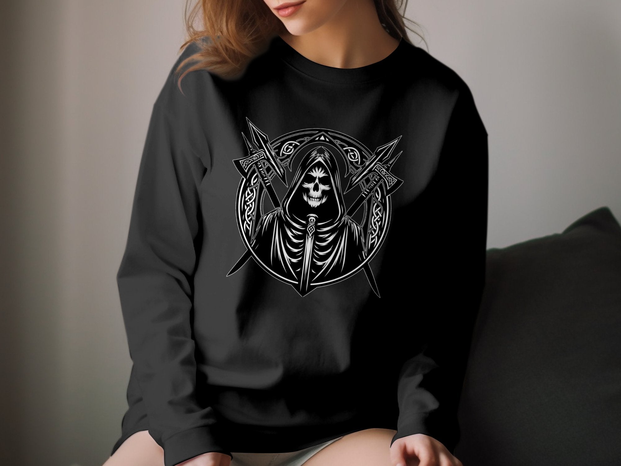 Grim Reaper - Black White Gildan Long Sleeve Commemorative Talisman Unisex Tee Graphic Design