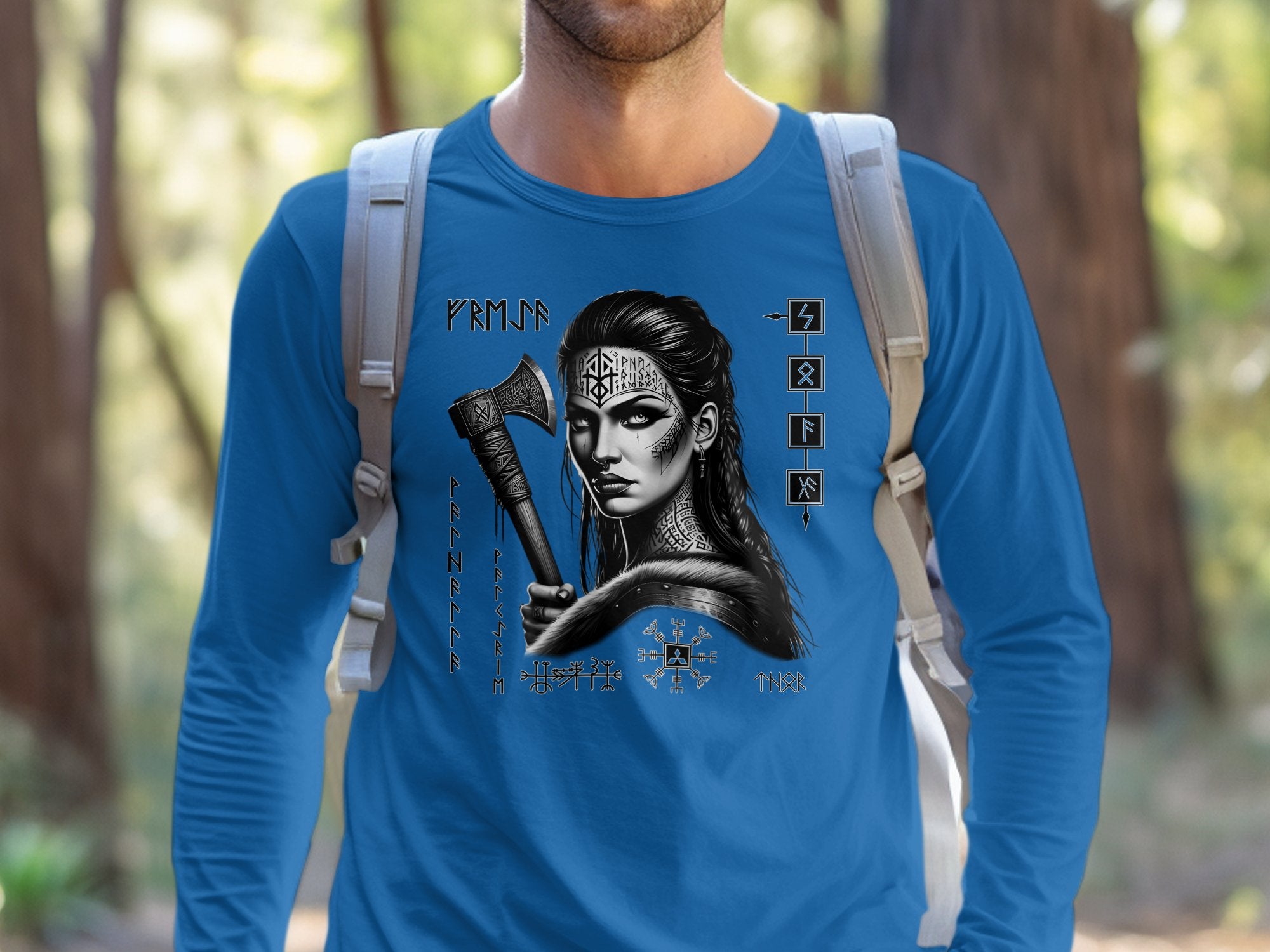 Viking Shield Maiden - Coloured Gildan Long Sleeve Realistic Norse Talisman Men Women Unisex Valhalla Tee Graphic Design