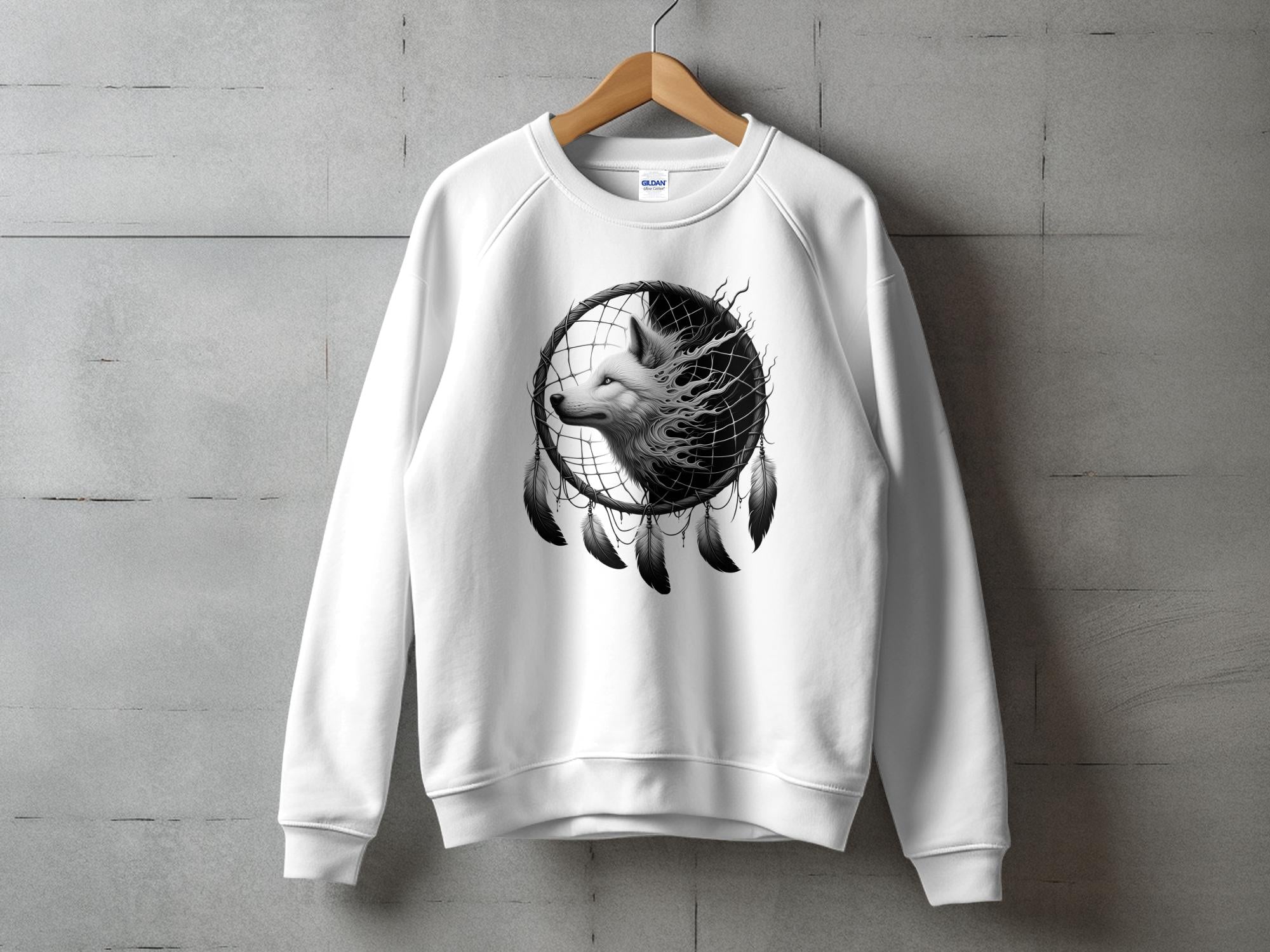 Dreamcatcher Wolf - Coloured Gildan Sweatshirt Realistic Native American Talisman Unisex Mythology Tee Graphic Design