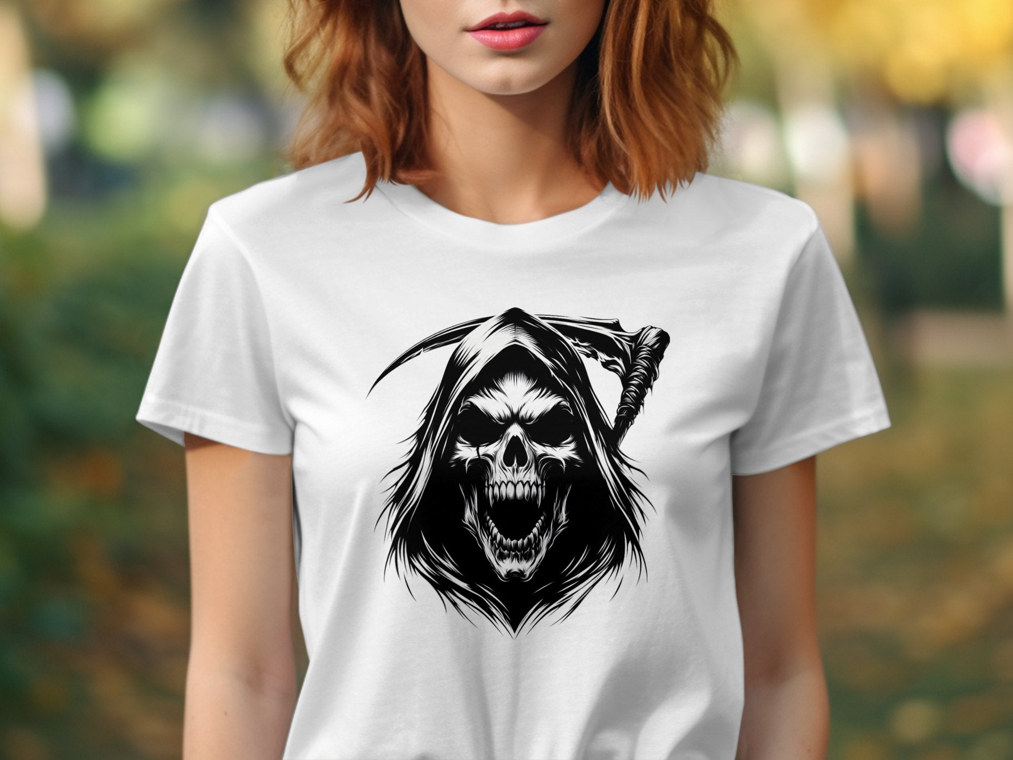 Grim Reaper - Black White Gildan T-Shirt Commemorative Talisman Unisex Tee Graphic Design