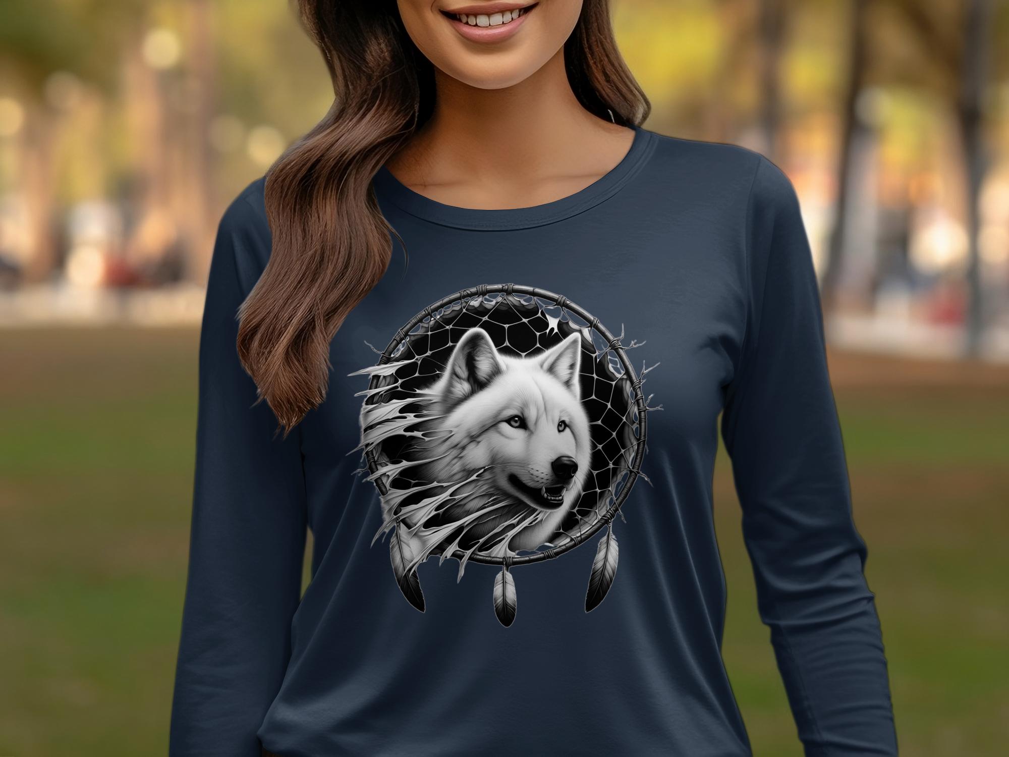 Dreamcatcher Wolf - Coloured Gildan Long Sleeve Realistic Native American Talisman Unisex Mythology Tee Graphic Design