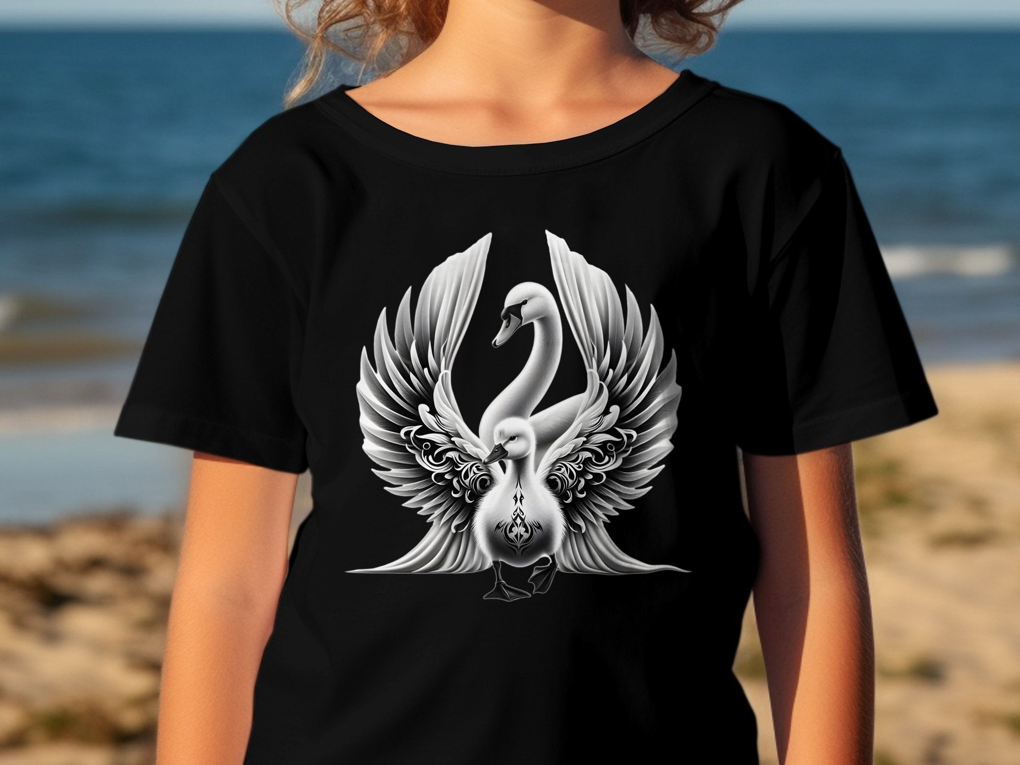 Swan & Cygnet- Black White Gildan Kids T-Shirt Realistic Family Talisman Unisex Tee Graphic Design