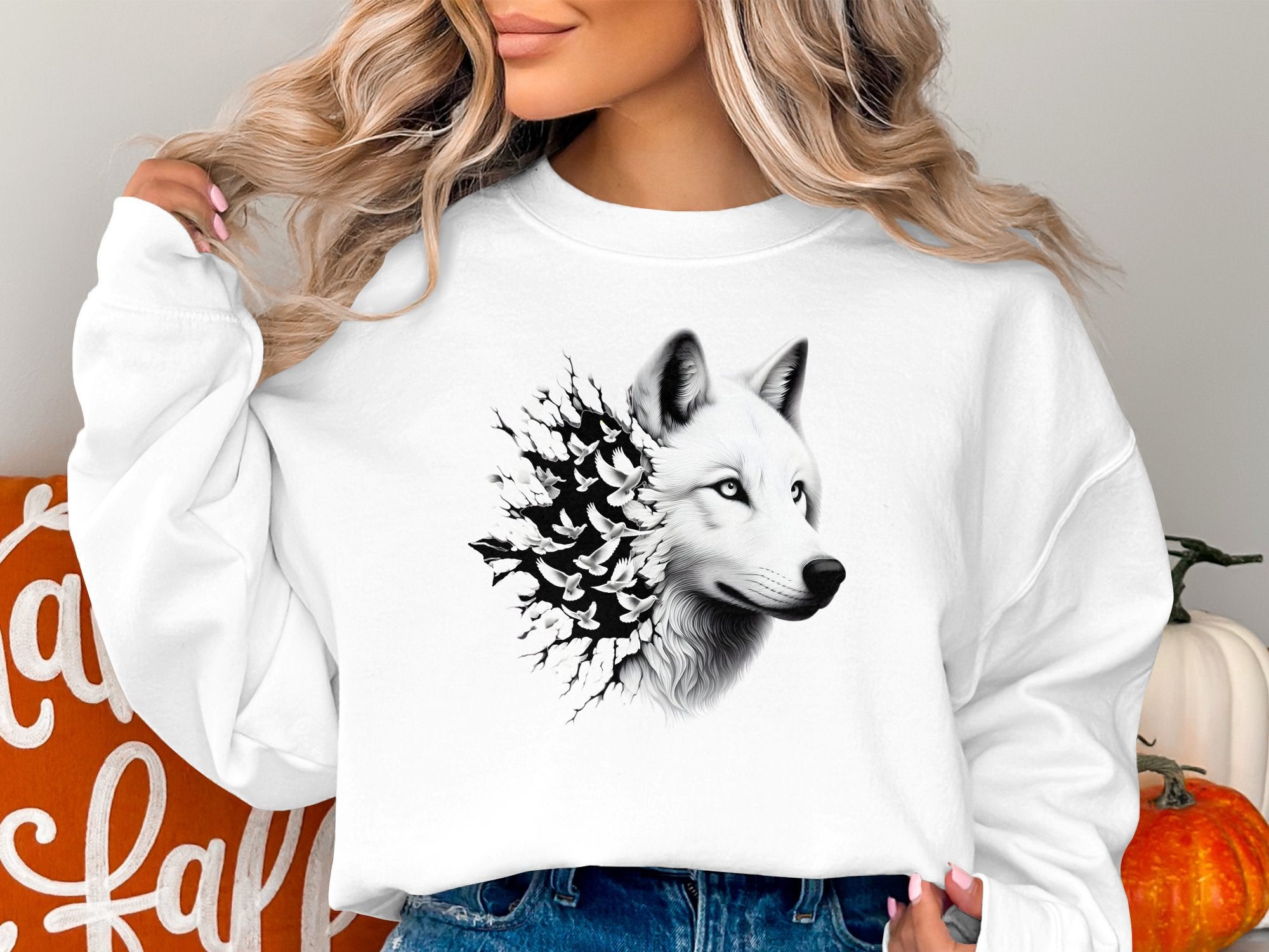 Wolf x Doves - Black White Gildan Sweatshirt Realistic Animal Talisman Unisex Tee Graphic Design