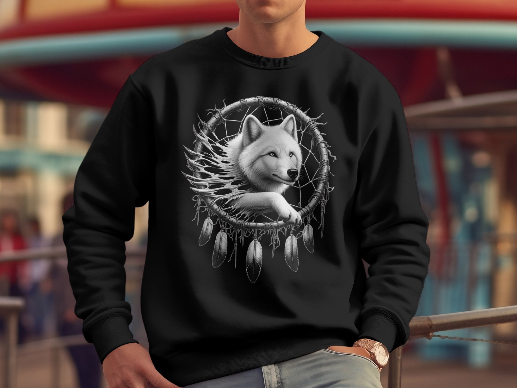 Dreamcatcher Wolf - Coloured Gildan Sweatshirt Realistic Native American Talisman Unisex Mythology Tee Graphic Design