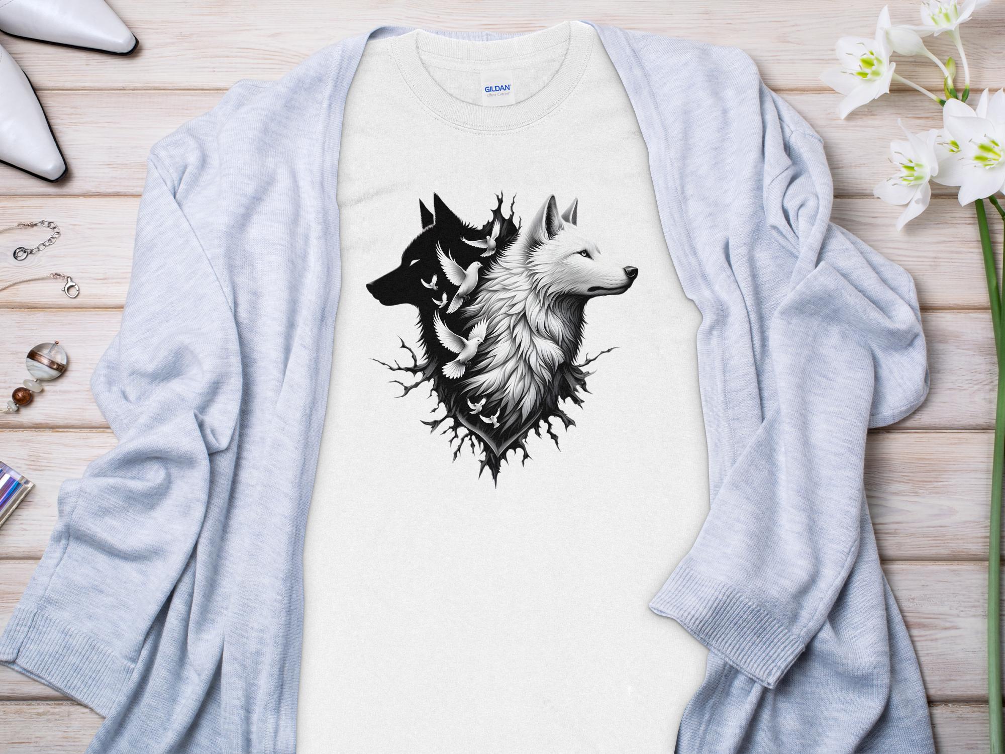 Wolf x Doves - Black White Gildan Long Sleeve Realistic Animal Talisman Unisex Tee Graphic Design