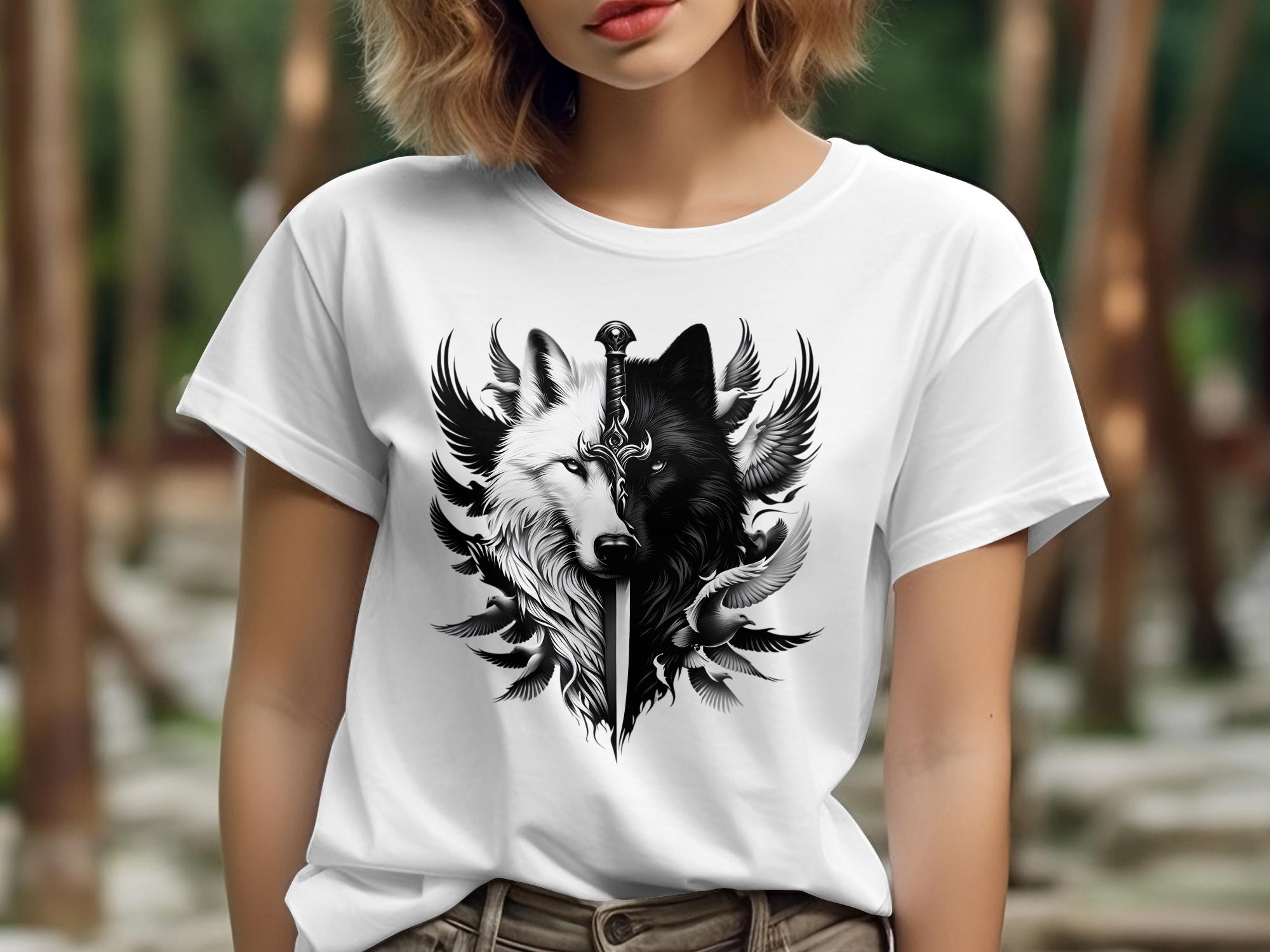 Wolf x Doves - Black White Gildan T-Shirt Realistic Animal Talisman Unisex Tee Graphic Design