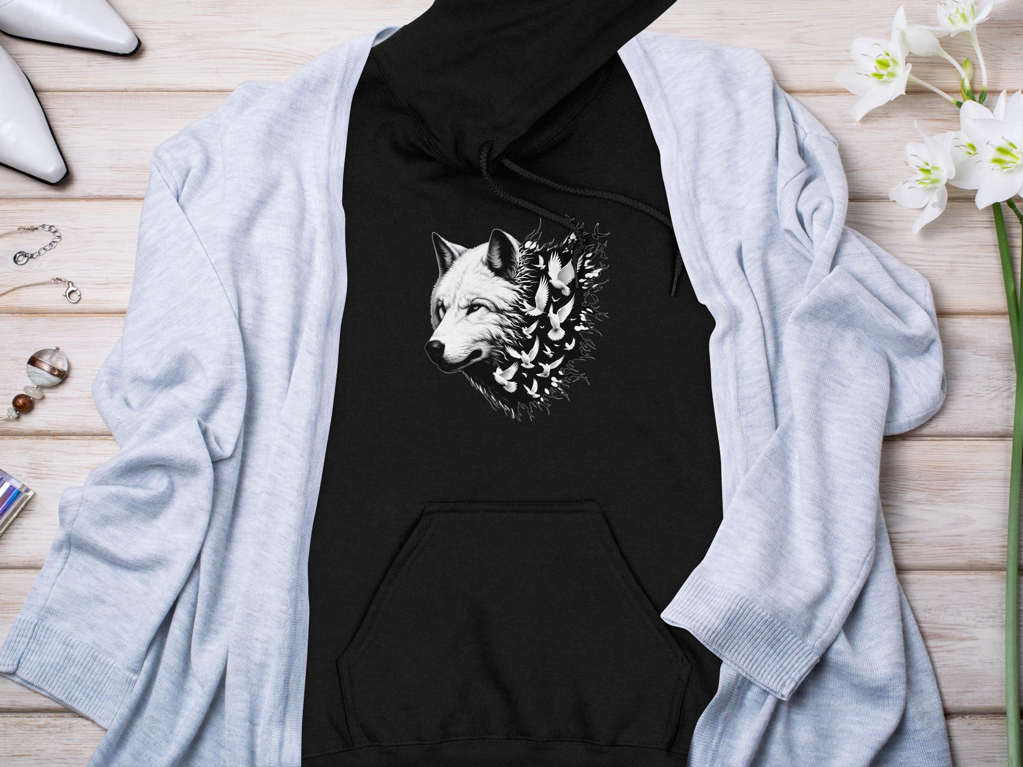 Wolf x Doves - Black White Gildan Hoodie Realistic Animal Talisman Unisex Tee Graphic Design