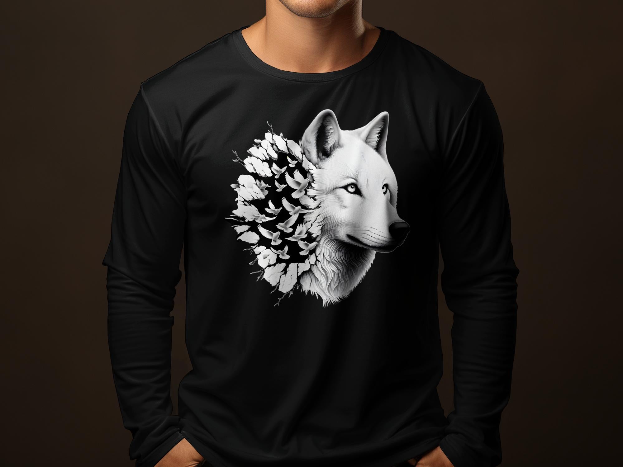 Wolf x Doves - Black White Gildan Long Sleeve Realistic Animal Talisman Unisex Tee Graphic Design