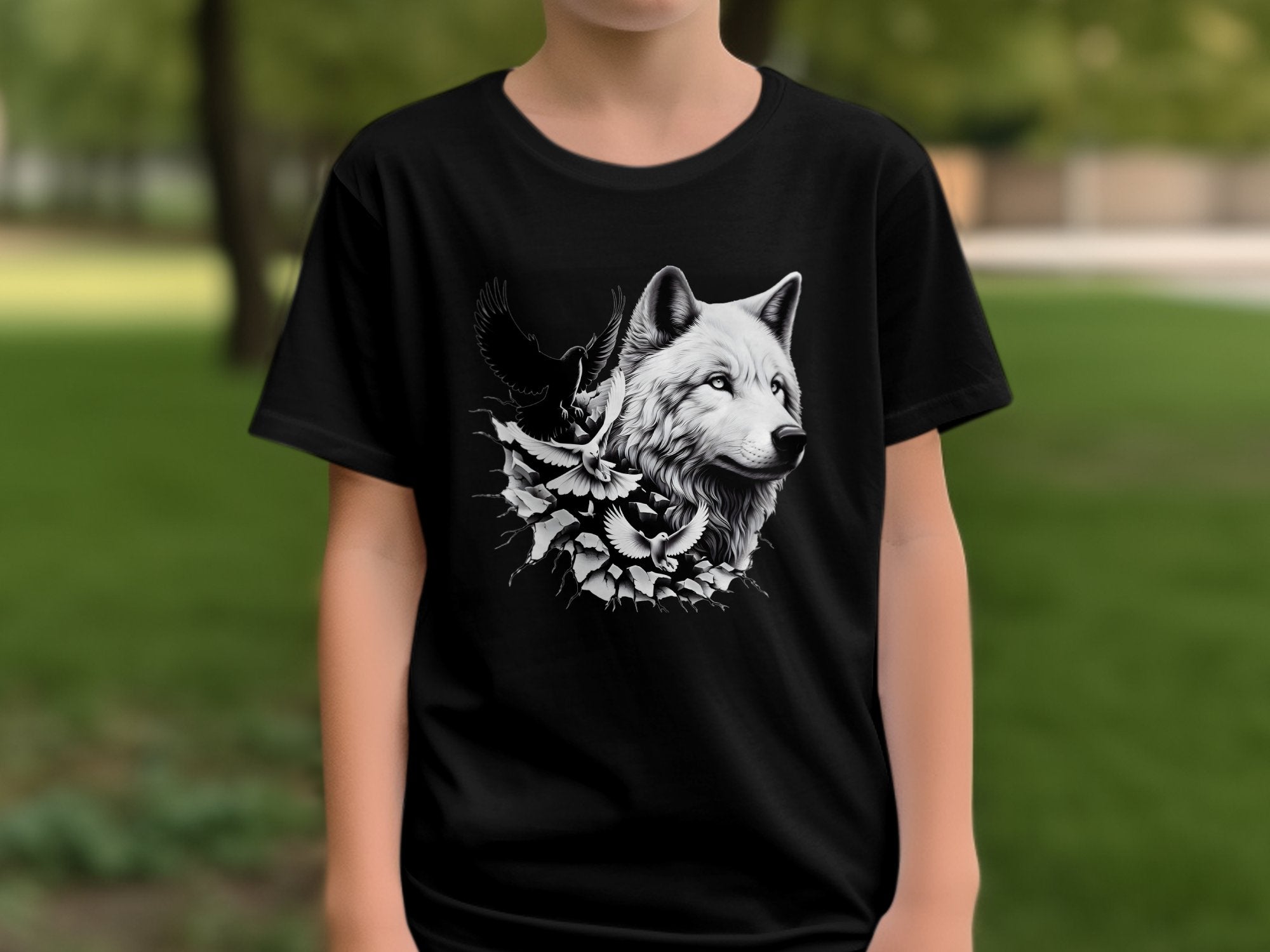 Wolf x Doves - Black White Gildan Kids T-Shirt Realistic Animal Talisman Unisex Tee Graphic Design