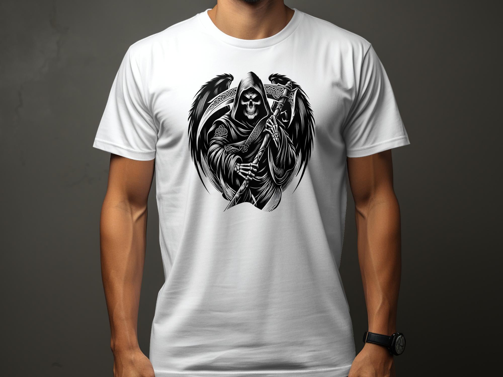 Grim Reaper - Black White Gildan T-Shirt Commemorative Talisman Unisex Tee Graphic Design