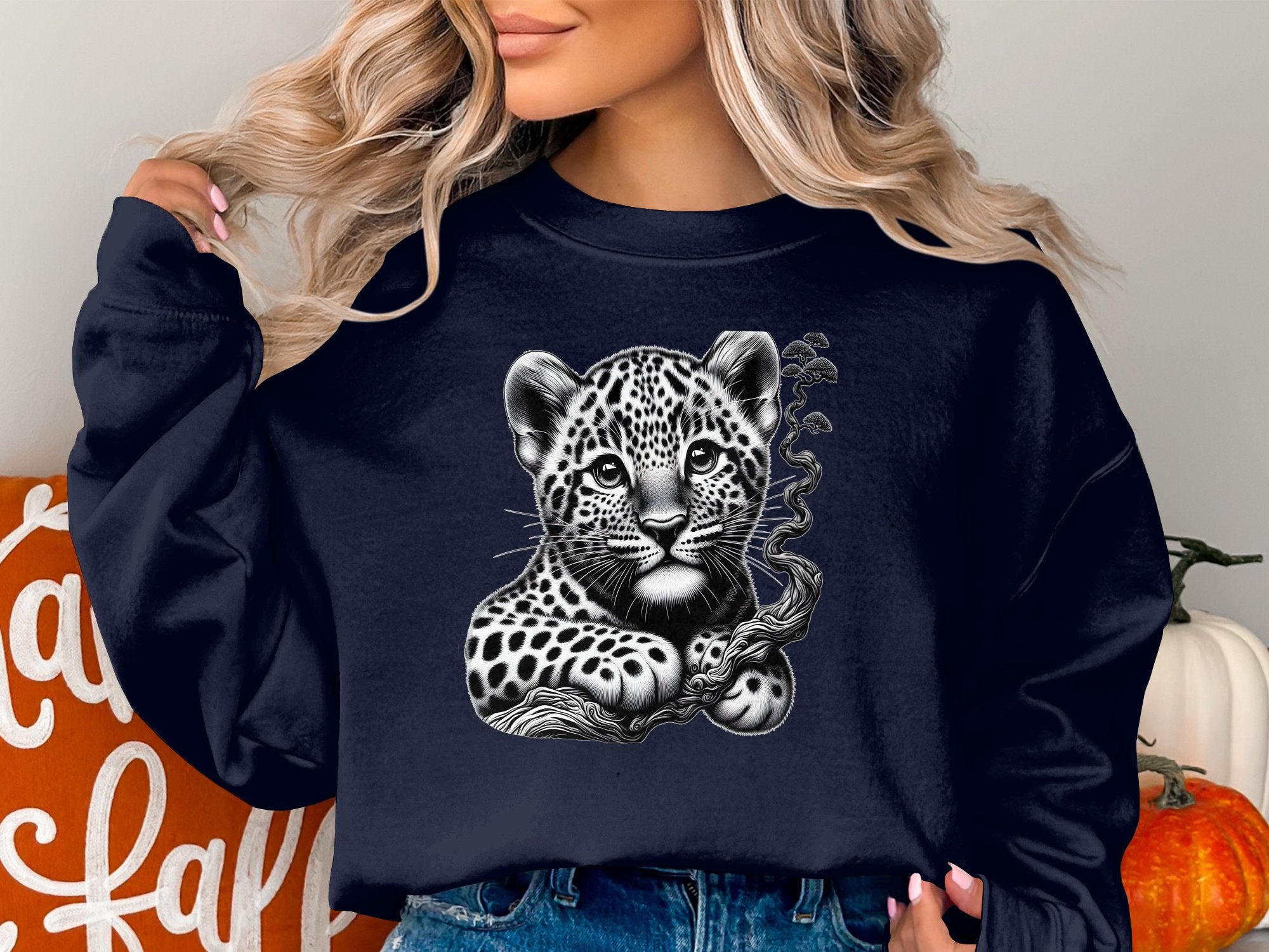 Leopard Bonsai - Coloured Gildan Sweatshirt Realistic Animal Talisman Unisex Cute Tee Graphic Design