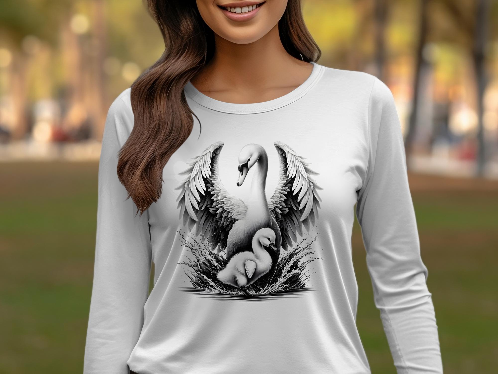 Swan & Cygnet- Black White Gildan Long Sleeve Realistic Family Talisman Unisex Tee Graphic Design