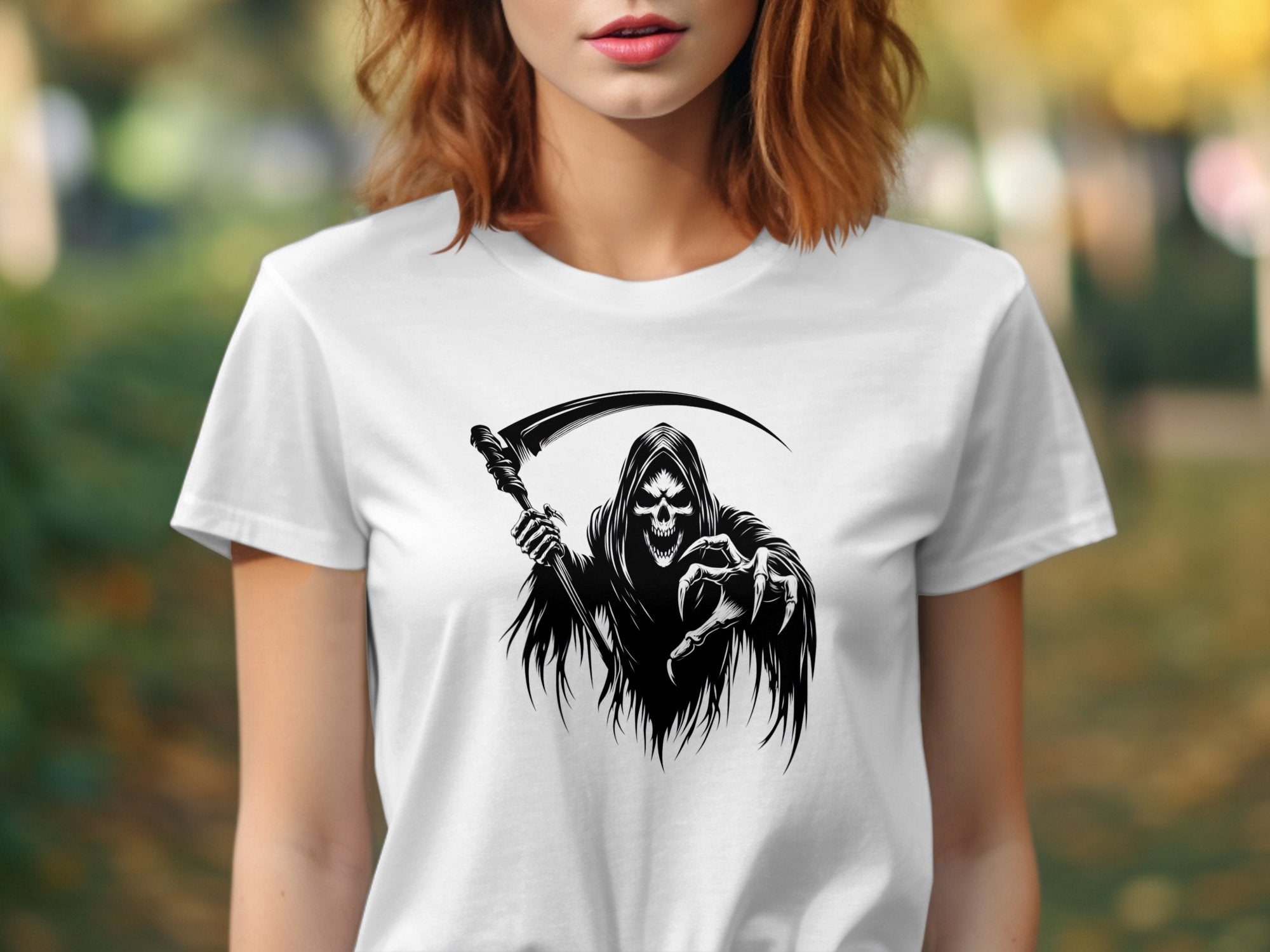 Grim Reaper - Black White Gildan T-Shirt Commemorative Talisman Unisex Tee Graphic Design