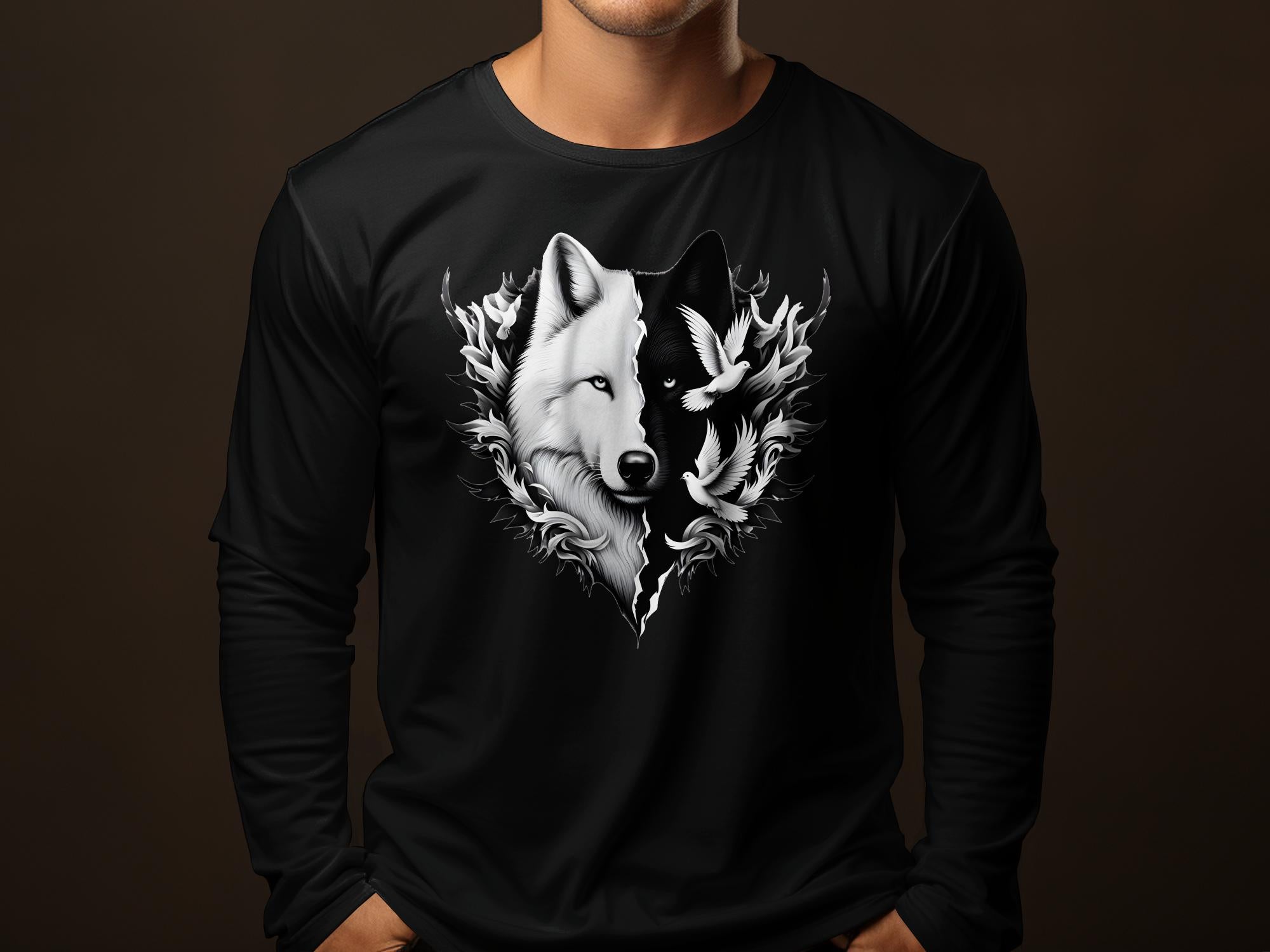 Wolf x Doves - Black White Gildan Long Sleeve Realistic Animal Talisman Unisex Tee Graphic Design