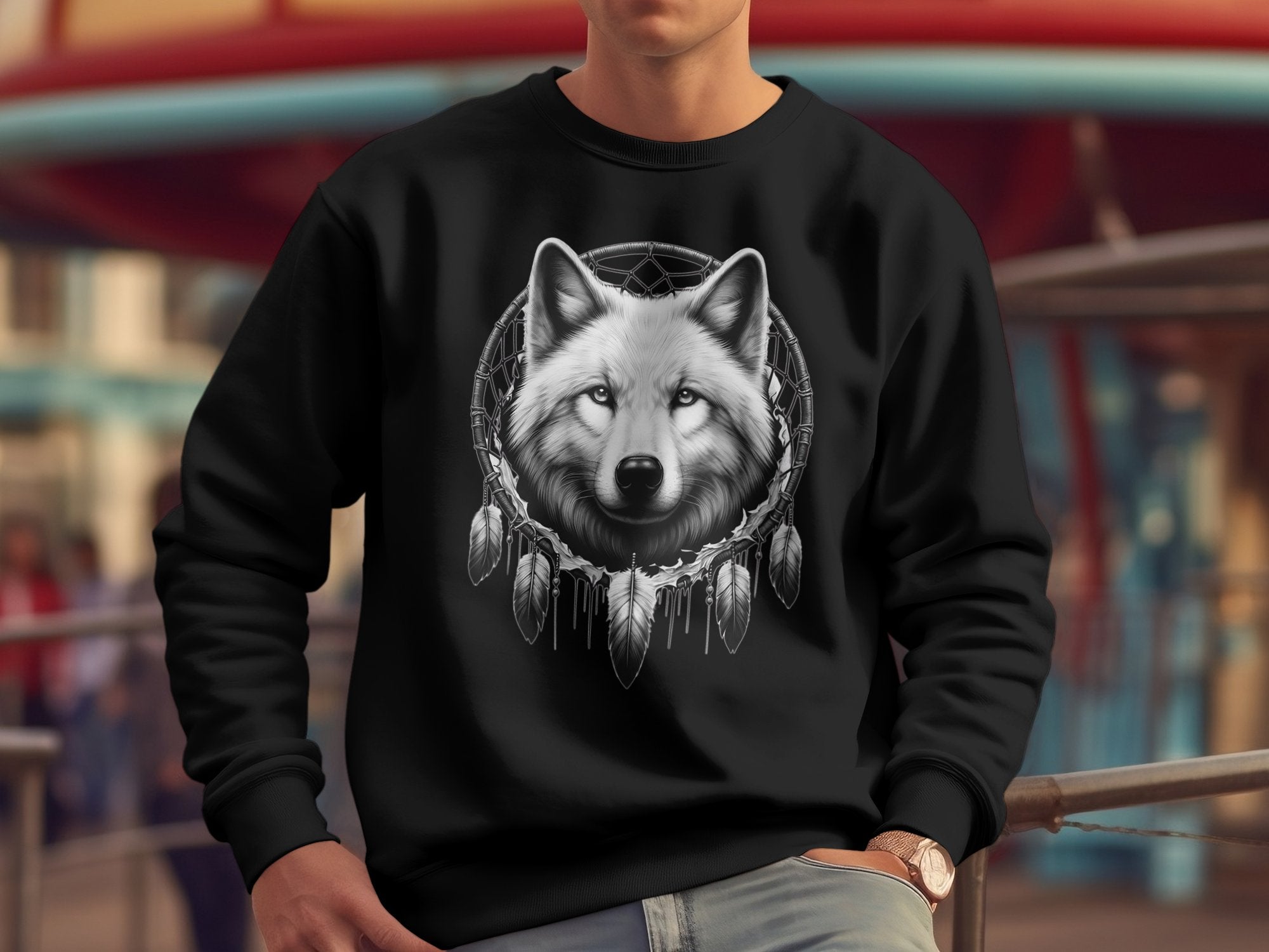 Dreamcatcher Wolf - Coloured Gildan Sweatshirt Realistic Native American Talisman Unisex Mythology Tee Graphic Design