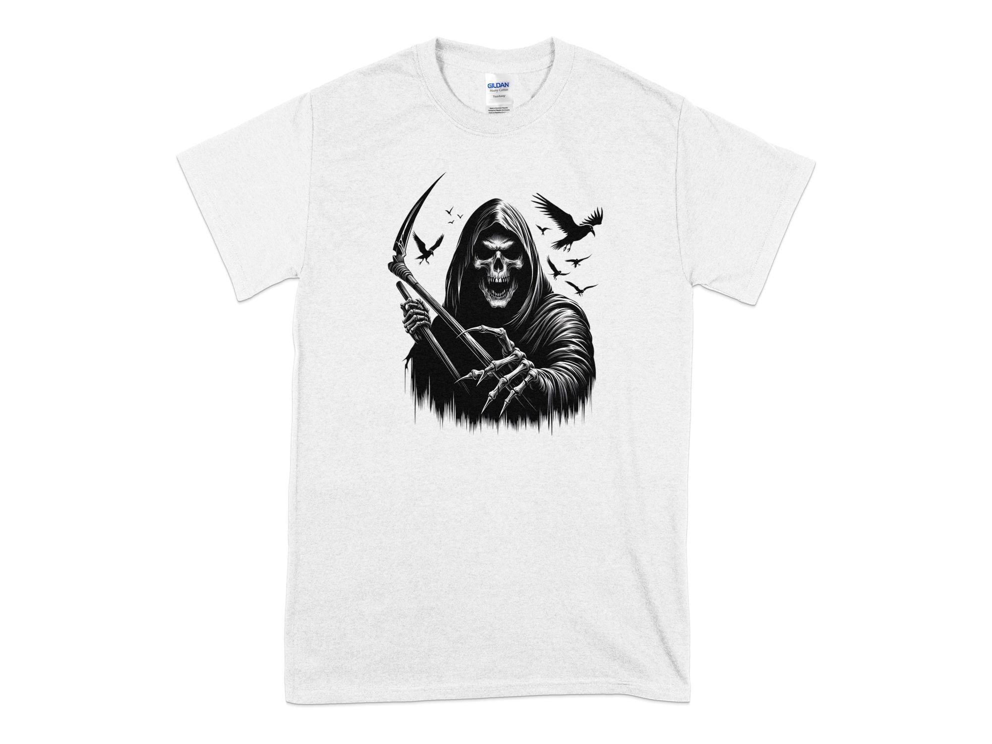 Grim Reaper - Black White Gildan T-Shirt Commemorative Talisman Unisex Tee Graphic Design