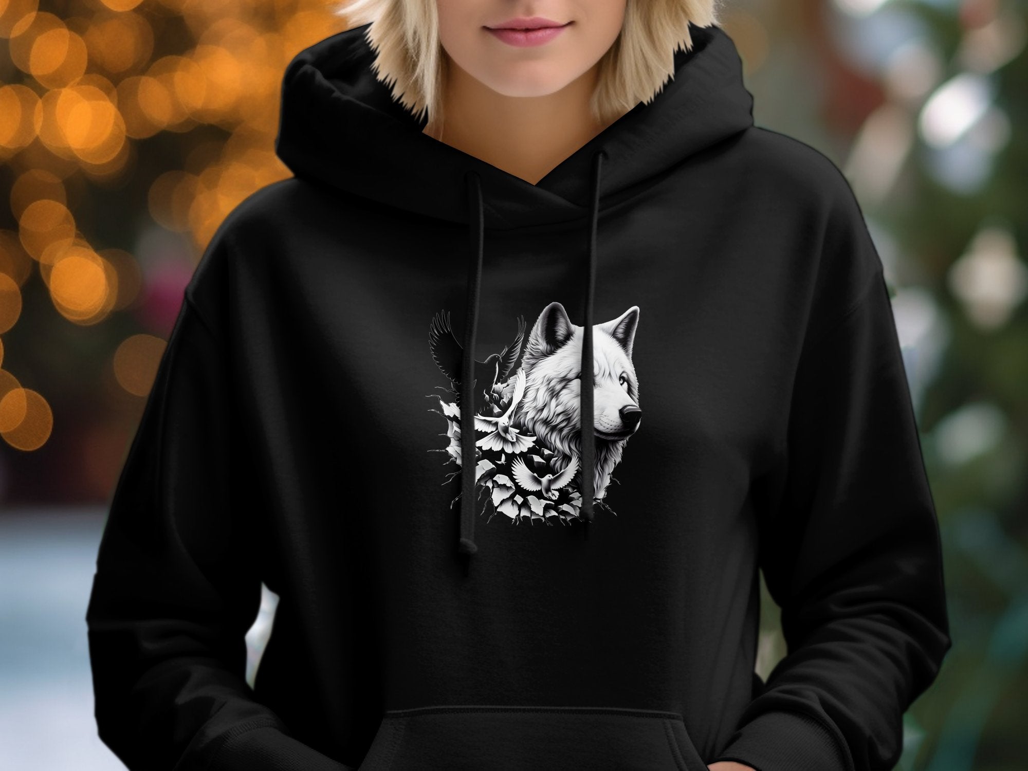 Wolf x Doves - Black White Gildan Hoodie Realistic Animal Talisman Unisex Tee Graphic Design