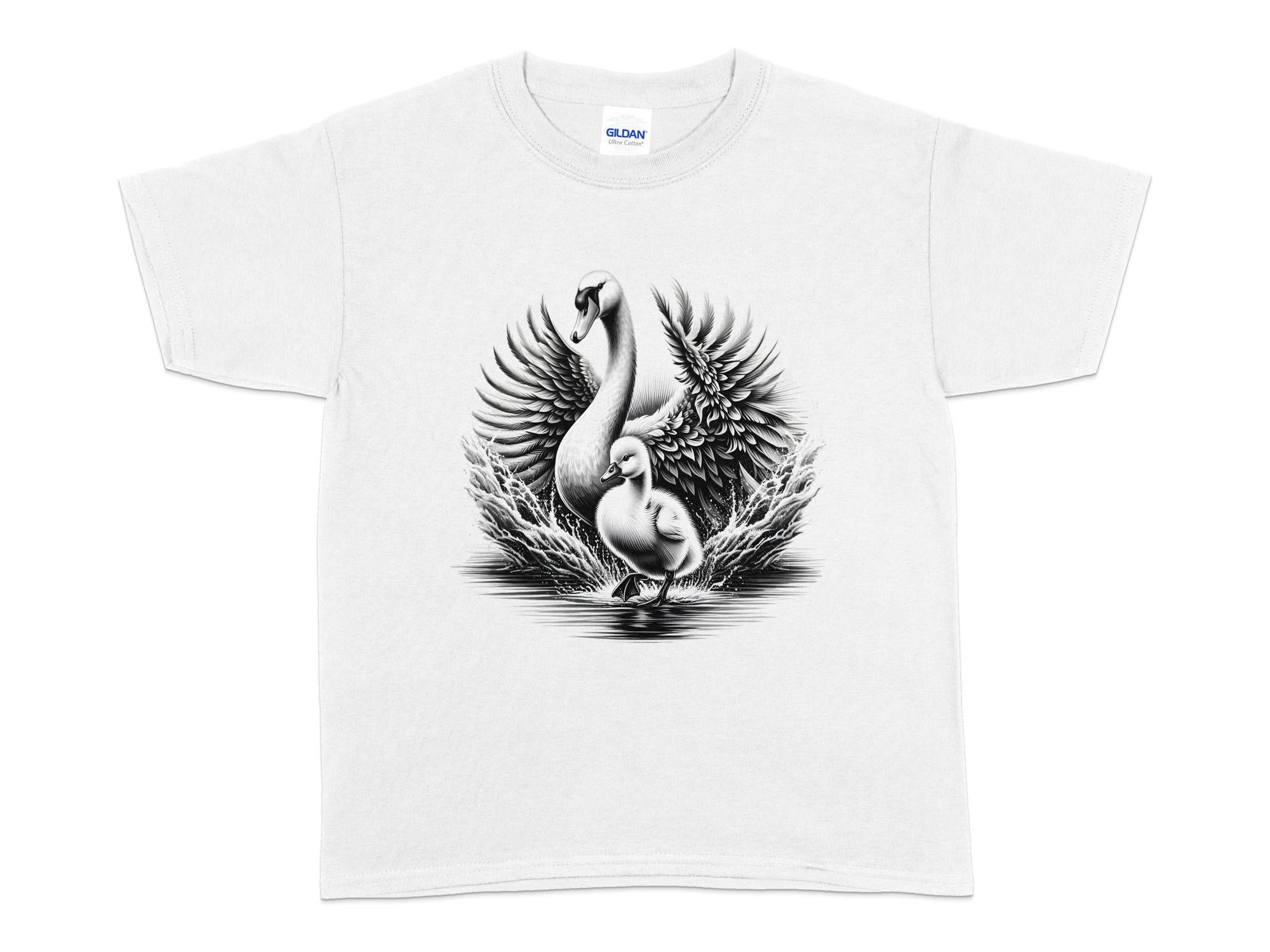 Swan & Cygnet- Black White Gildan Kids T-Shirt Realistic Family Talisman Unisex Tee Graphic Design