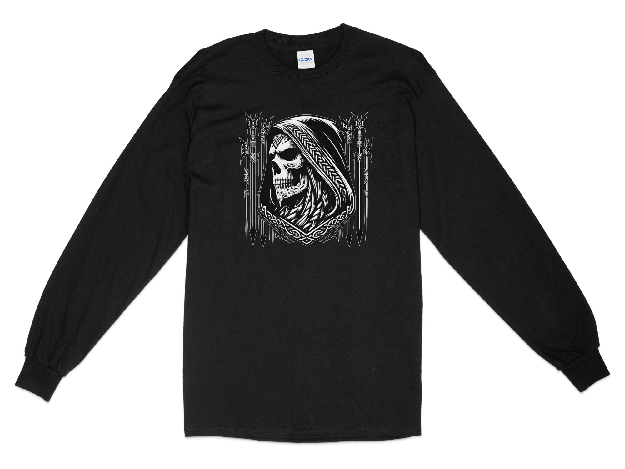 Grim Reaper - Black White Gildan Long Sleeve Commemorative Talisman Unisex Tee Graphic Design