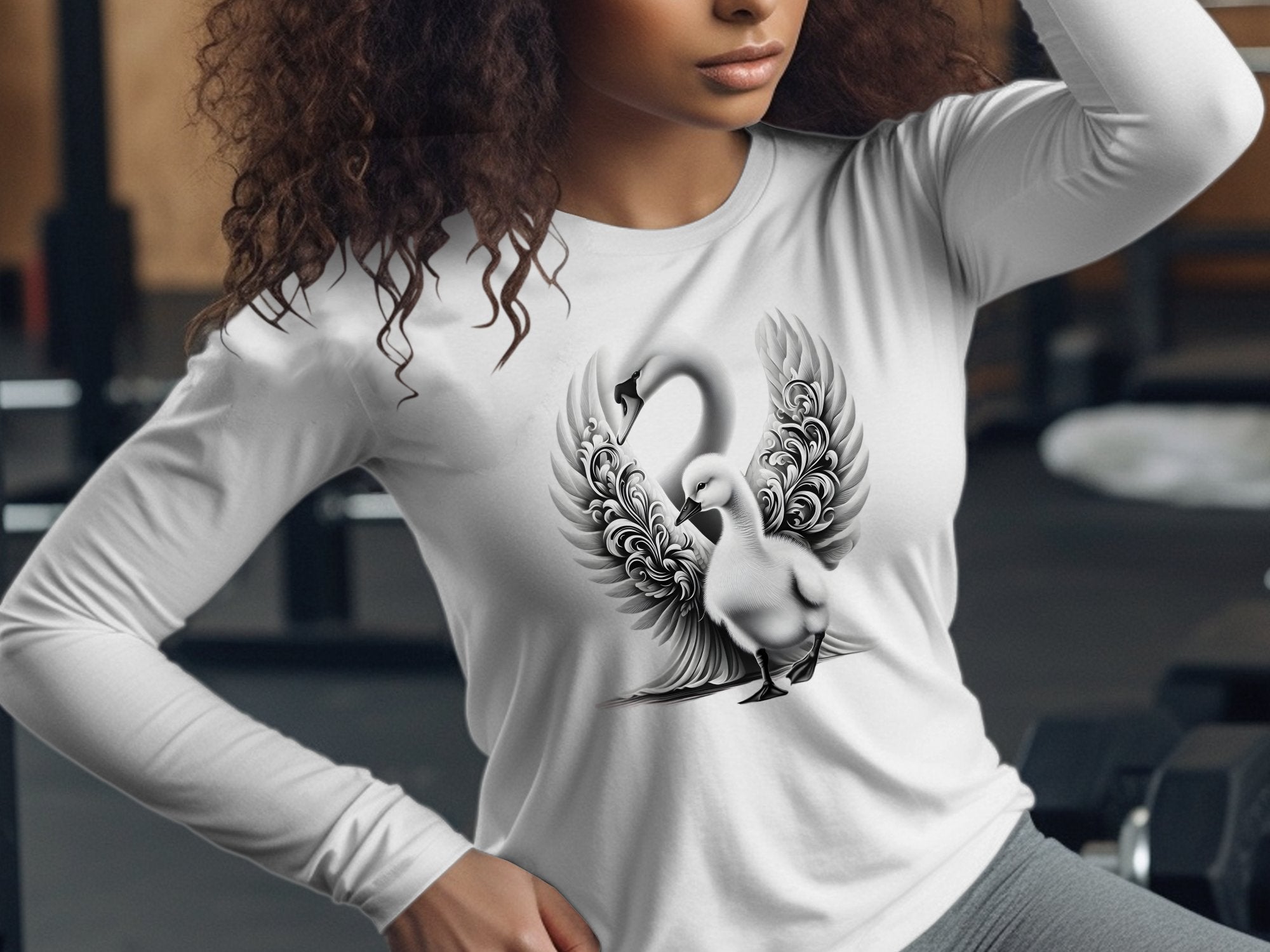 Swan & Cygnet- Black White Gildan Long Sleeve Realistic Family Talisman Unisex Tee Graphic Design