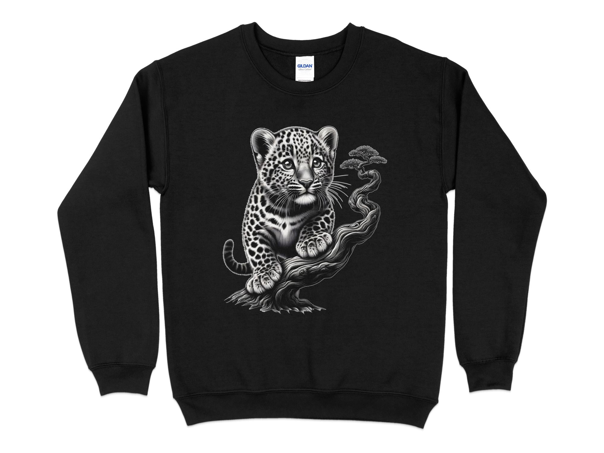 Leopard Bonsai - Coloured Gildan Sweatshirt Realistic Animal Talisman Unisex Cute Tee Graphic Design