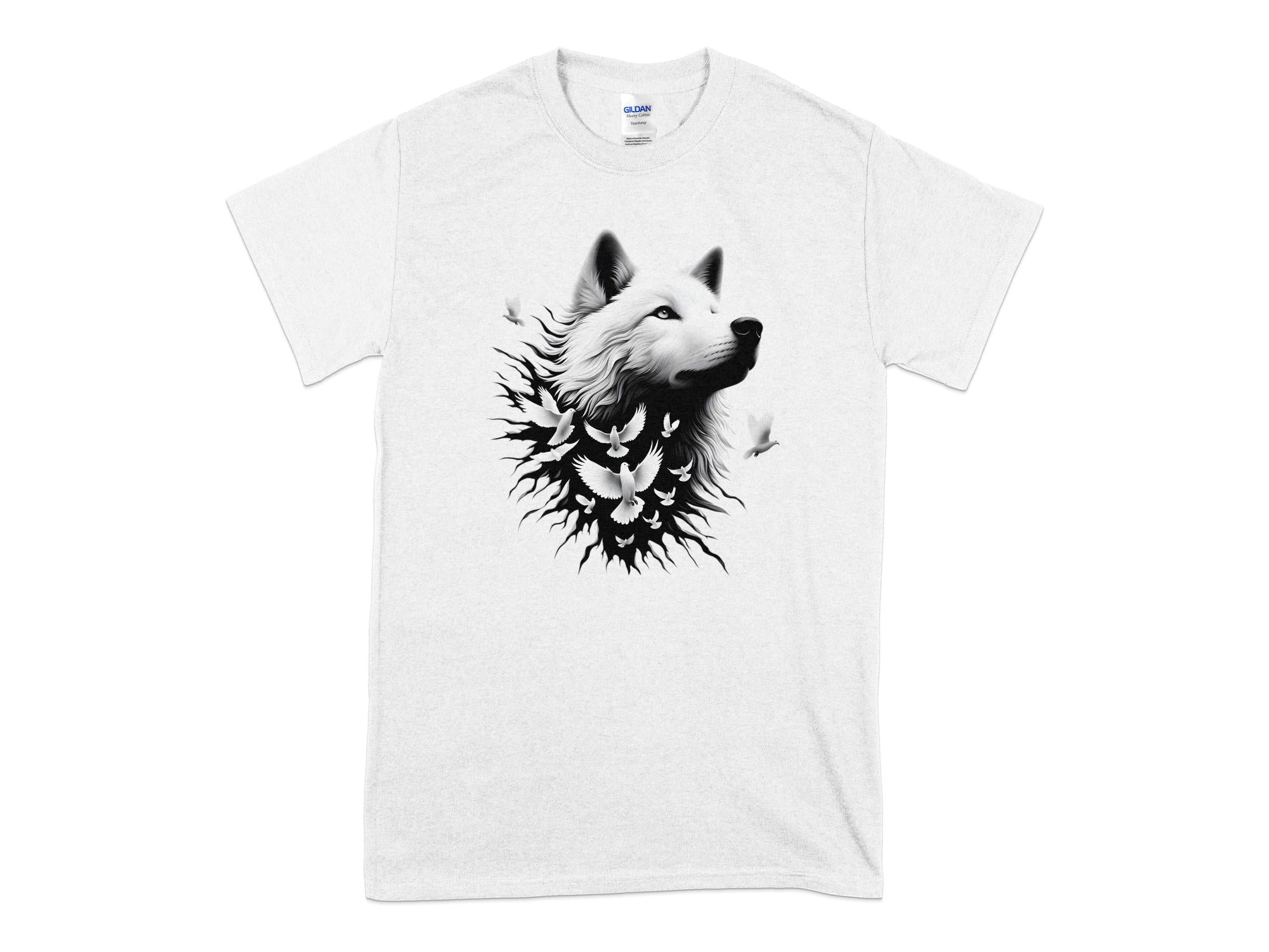 Wolf x Doves - Black White Gildan T-Shirt Realistic Animal Talisman Unisex Tee Graphic Design