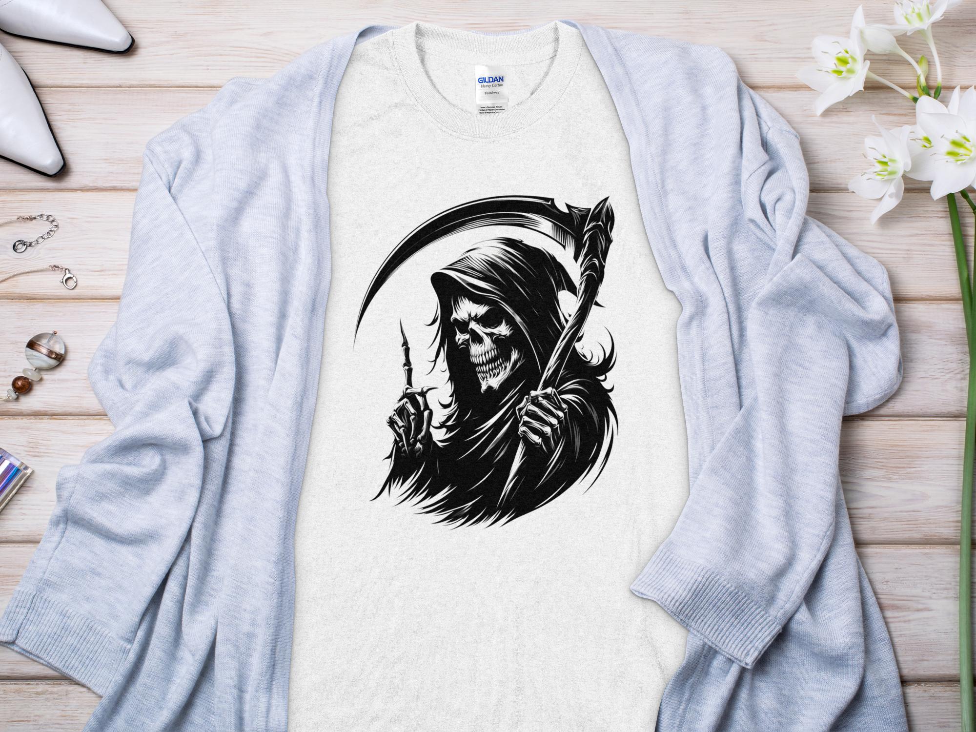 Grim Reaper - Black White Gildan T-Shirt Commemorative Talisman Unisex Tee Graphic Design