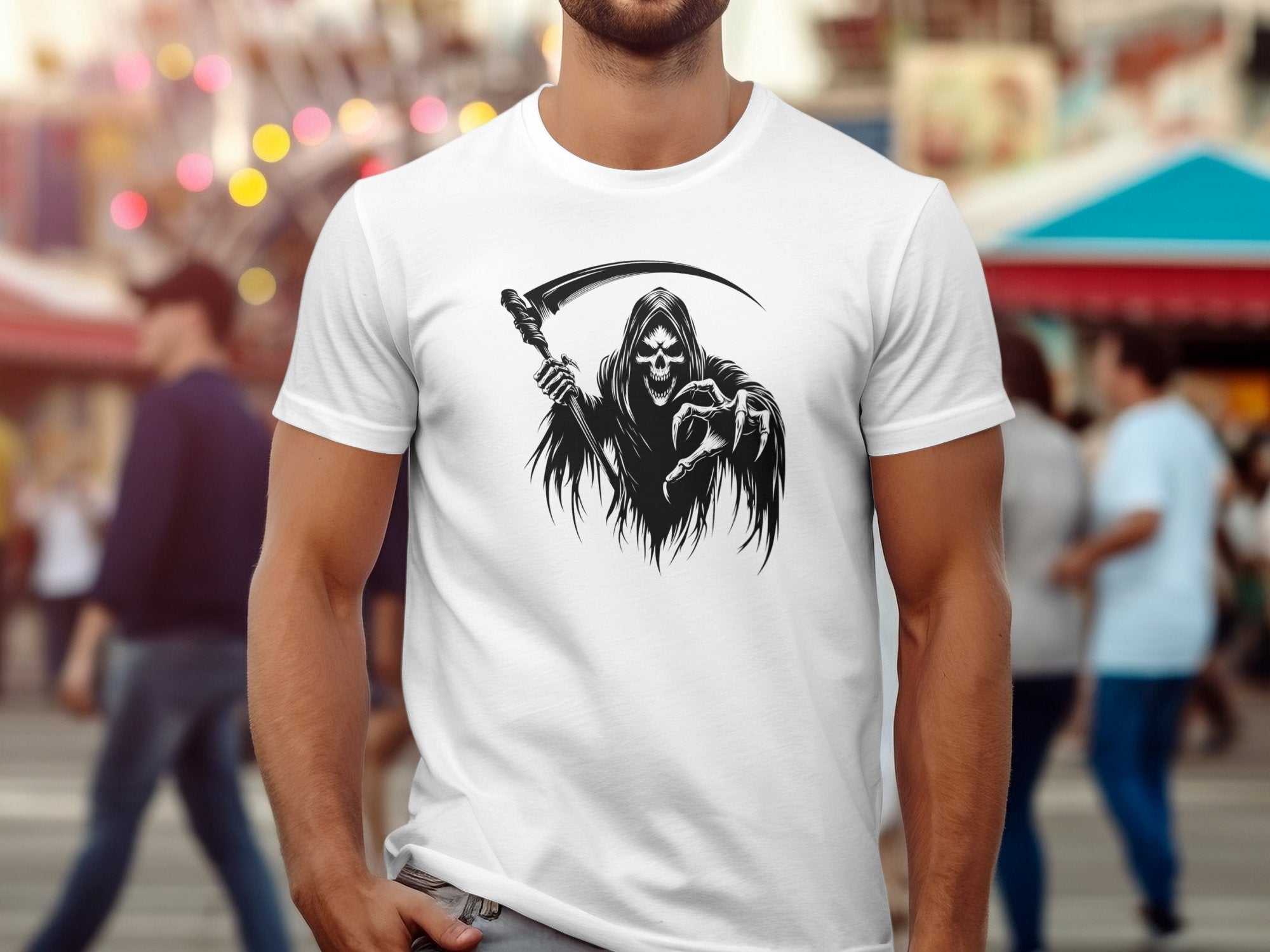 Grim Reaper - Black White Gildan T-Shirt Commemorative Talisman Unisex Tee Graphic Design