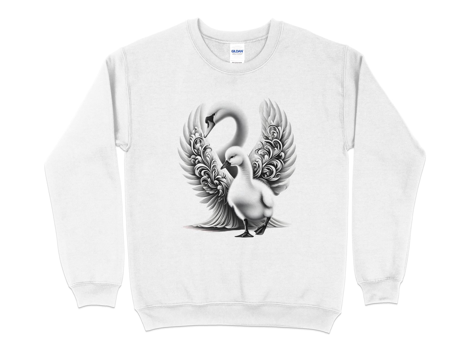 Swan & Cygnet- Black White Gildan Sweatshirt Realistic Family Talisman Unisex Tee Graphic Design