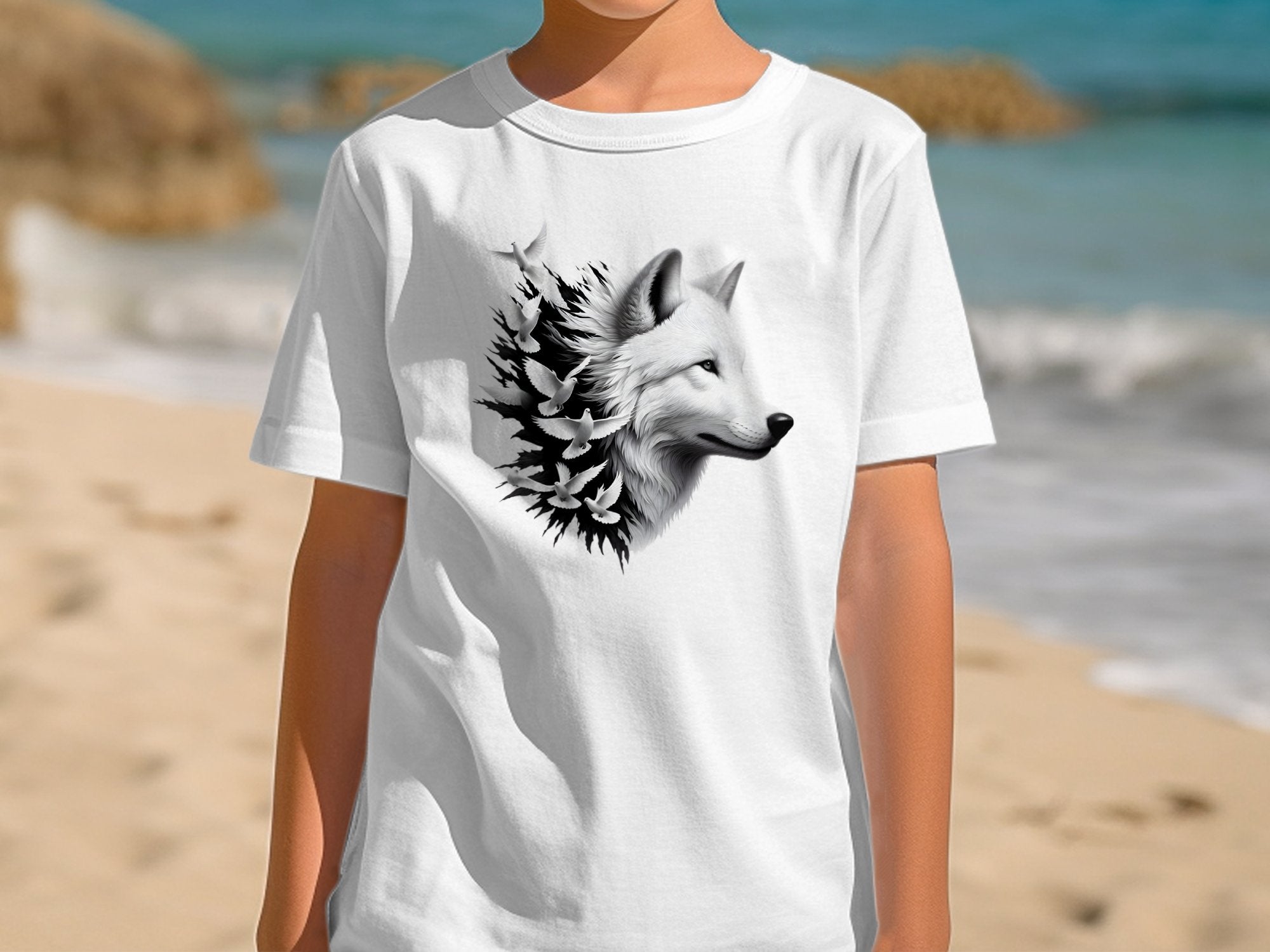 Wolf x Doves - Black White Gildan Kids T-Shirt Realistic Animal Talisman Unisex Tee Graphic Design