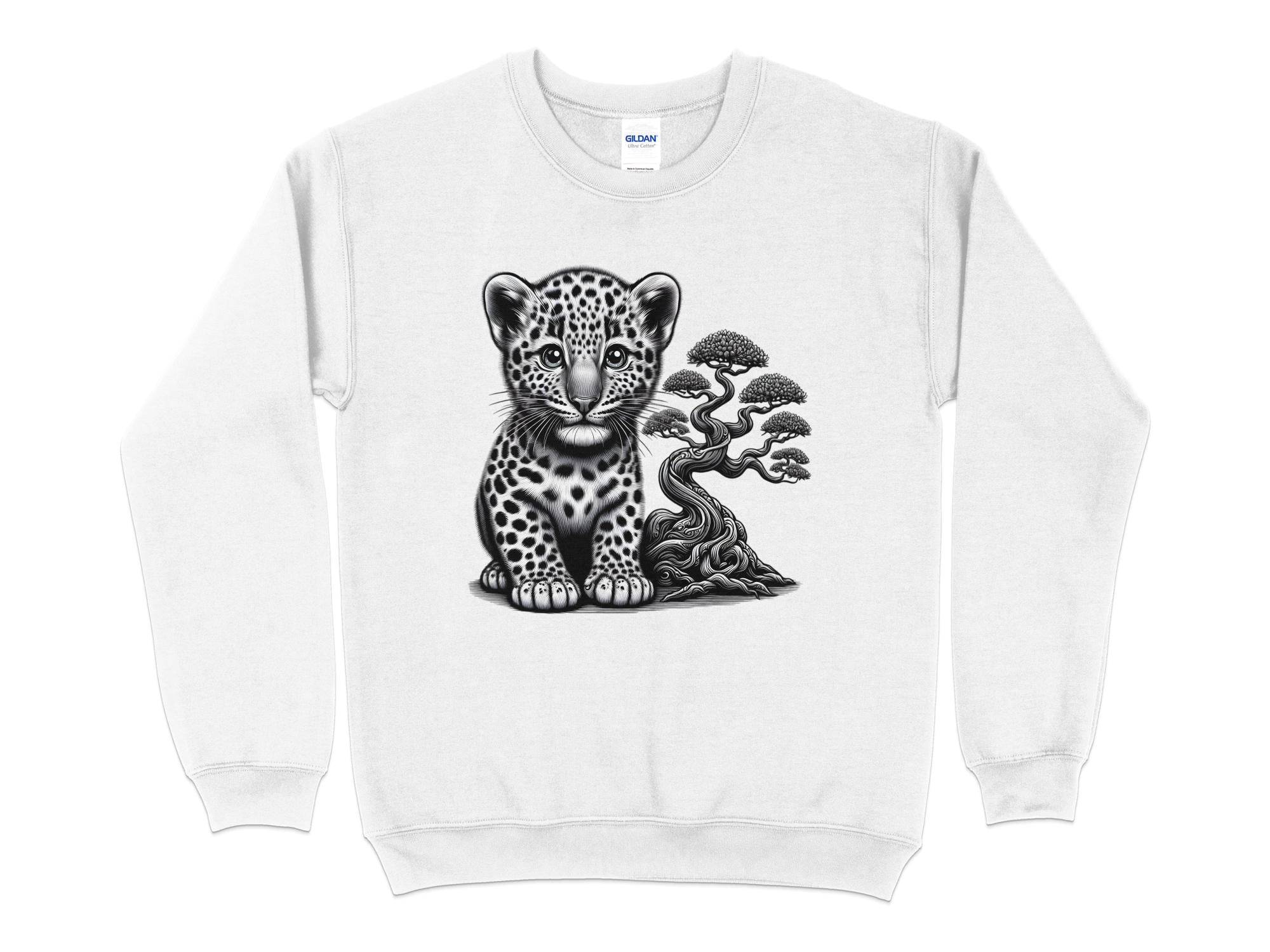 Leopard Bonsai - Coloured Gildan Sweatshirt Realistic Animal Talisman Unisex Cute Tee Graphic Design