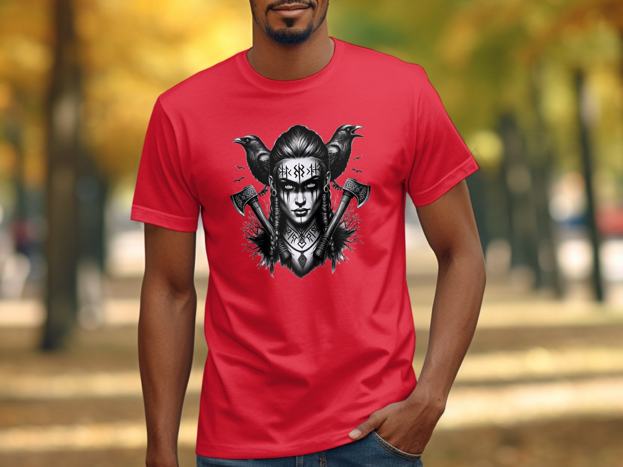 Viking Shield Maiden - Coloured Gildan T Shirt Realistic Norse Talisman Men Women Unisex Valhalla Tee Graphic Design